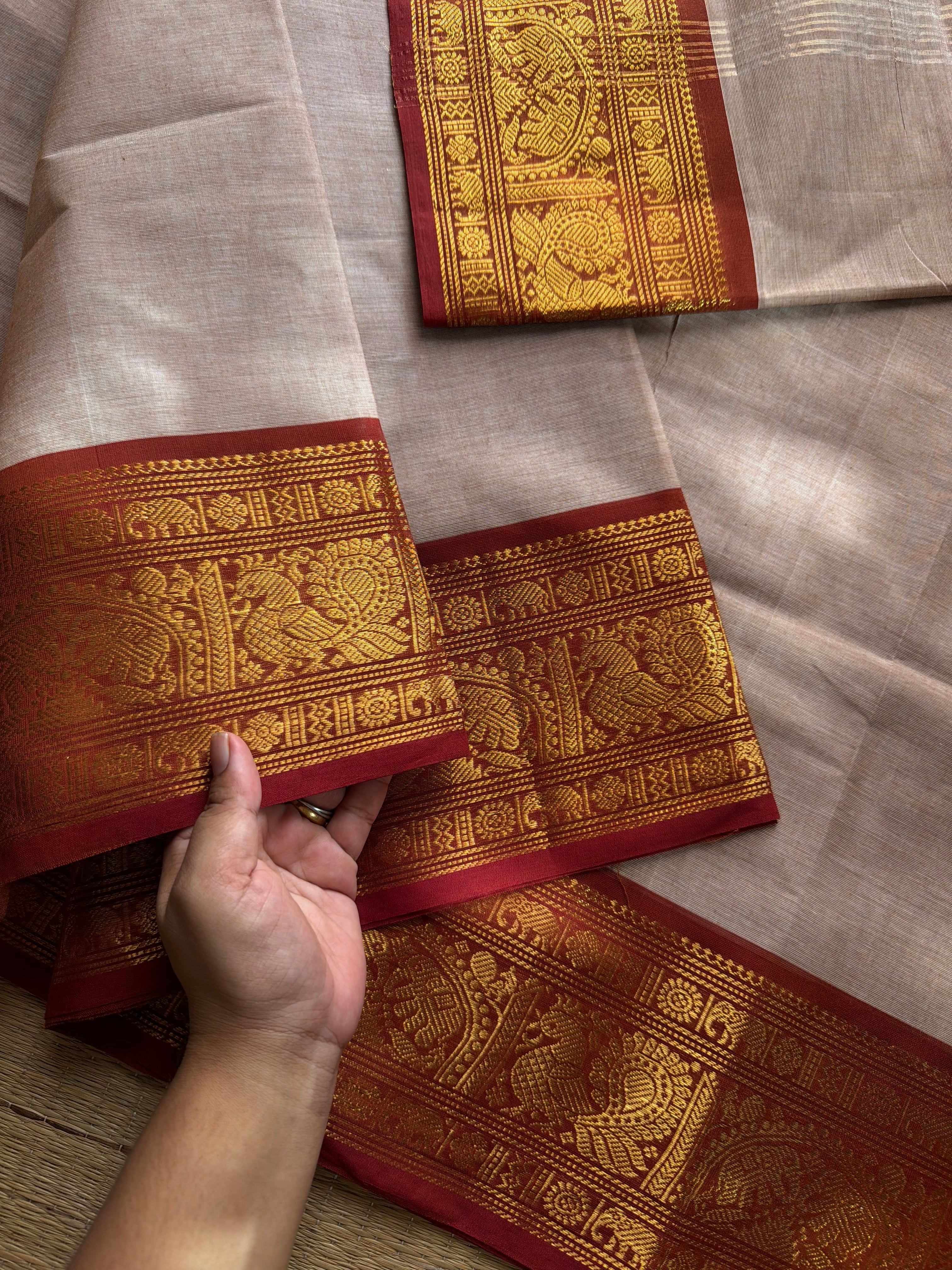 RF678 Beige shade Kanchi cotton saree with silk saree inspired Annam and elephant pattern border