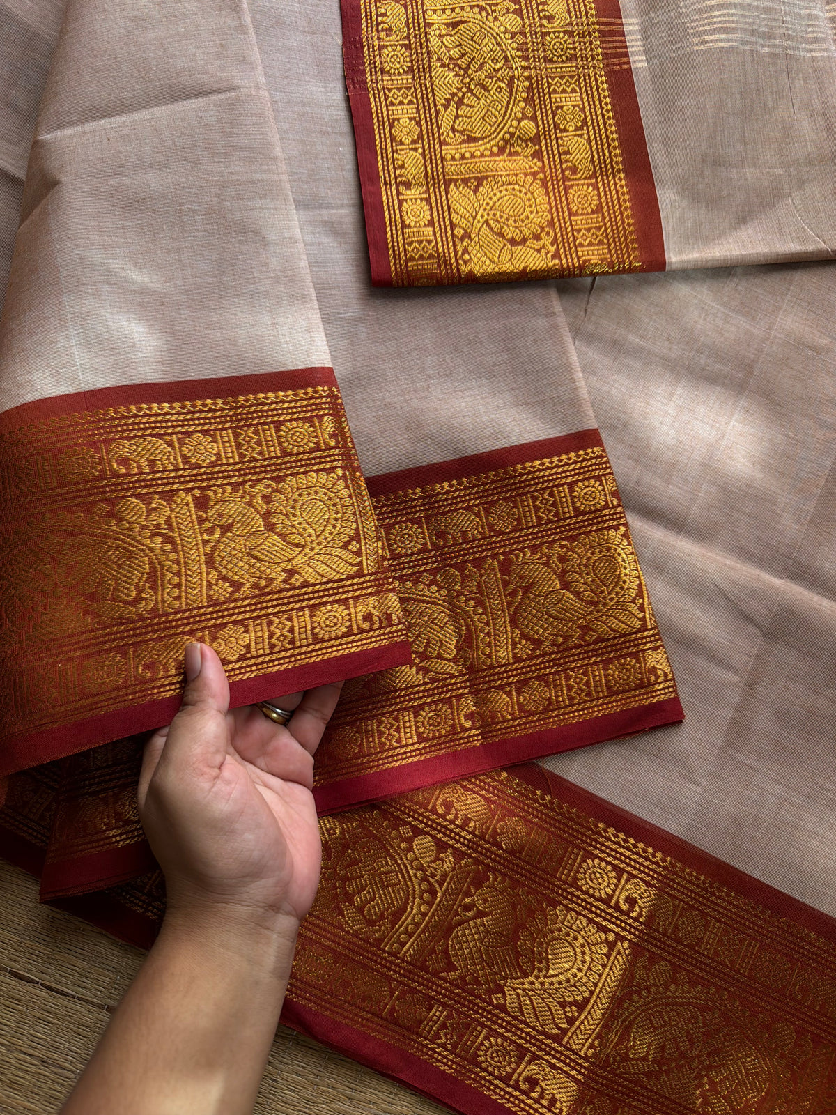 RF678 Beige shade Kanchi cotton saree with silk saree inspired Annam and elephant pattern border