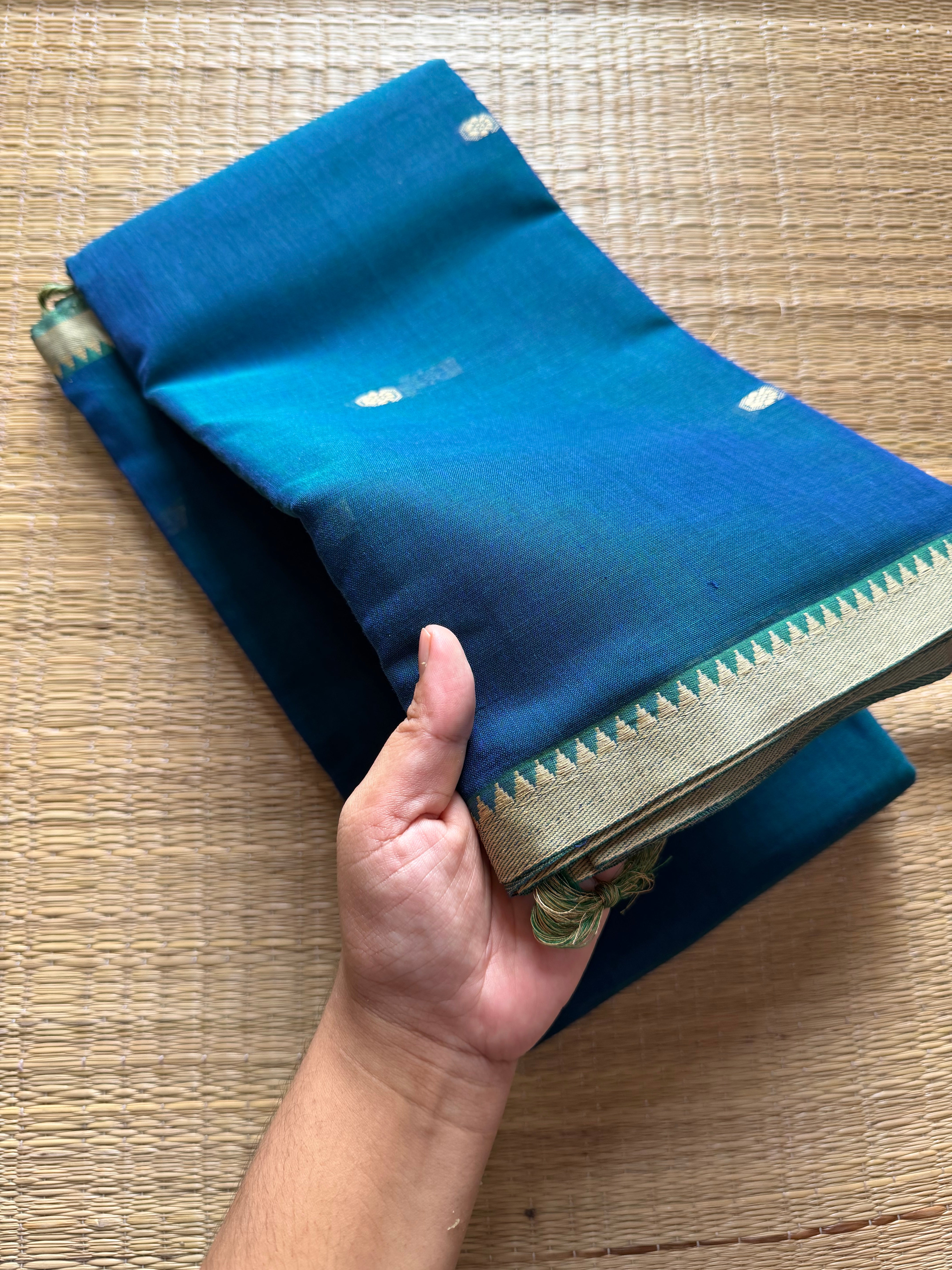RF303 Peacock Green Shade Mercerised Narayanpet Cotton Saree with Handmade thread buttas