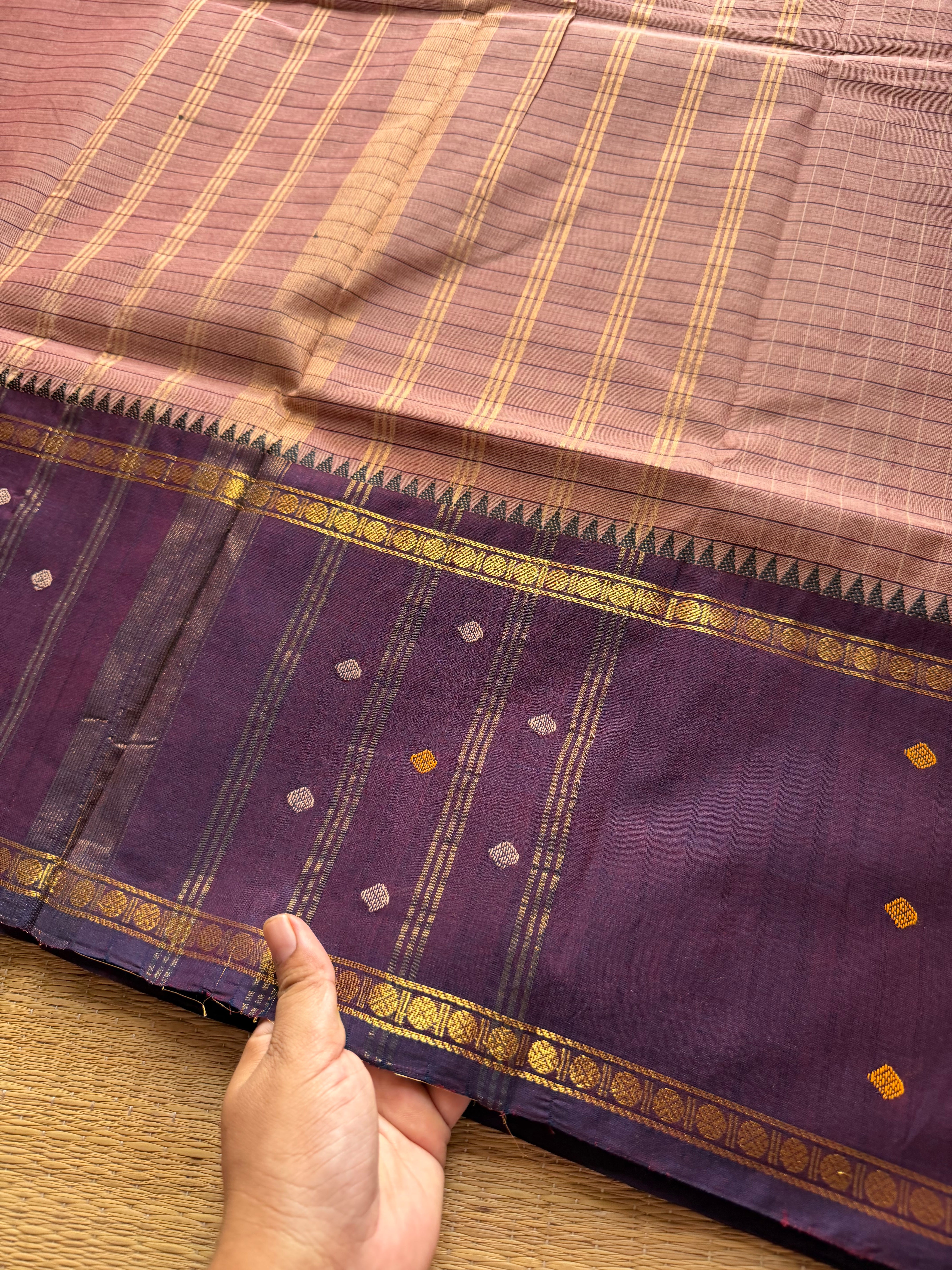 Biscuit shade Vintage Border Kanchi Cotton Saree With kattam / checks pattern & handwoven Buttas on the border