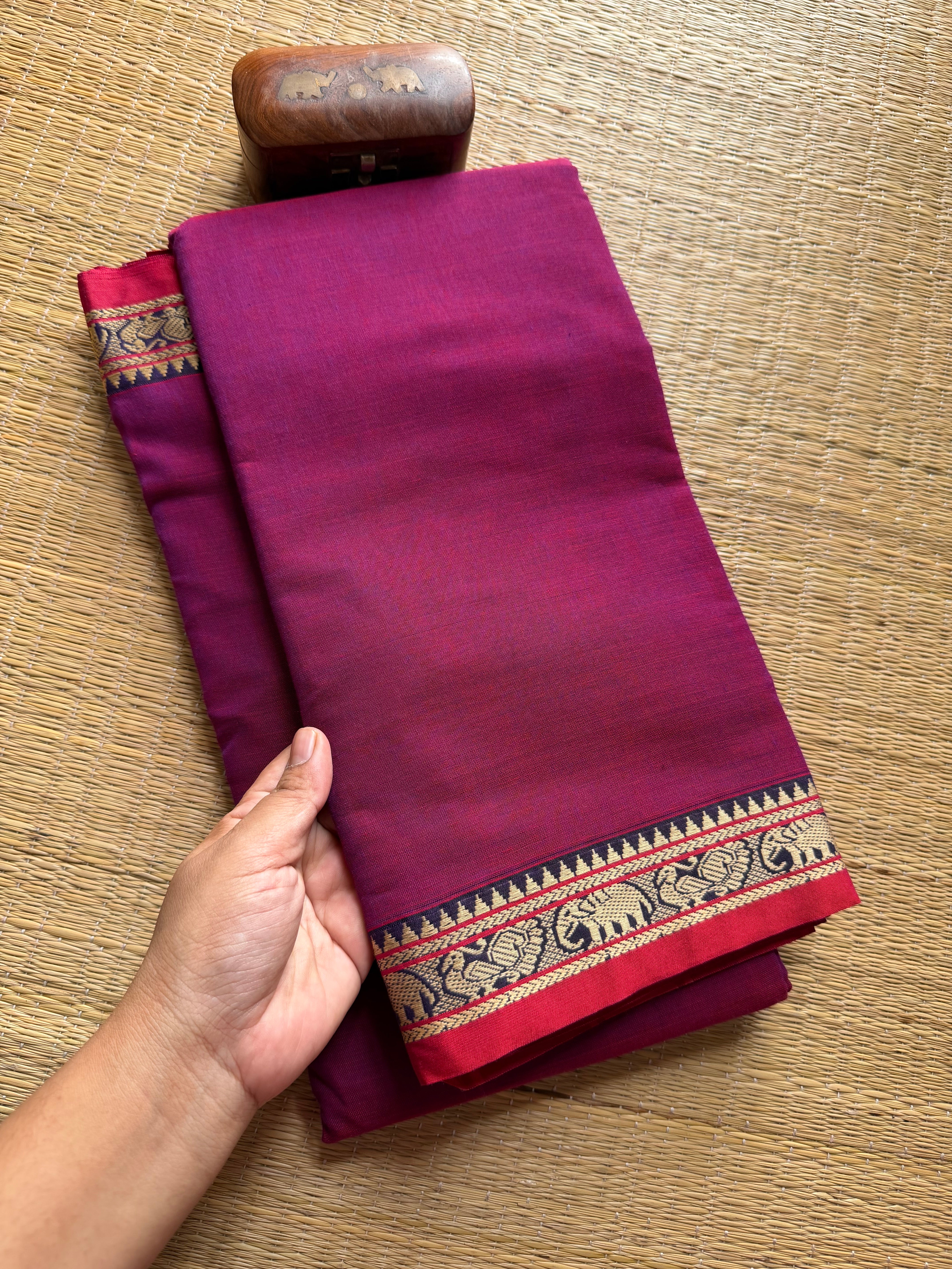 RF314 Magenta pink shade Mercerised Narayanpet Cotton Saree With Small Annam and elephant pattern border