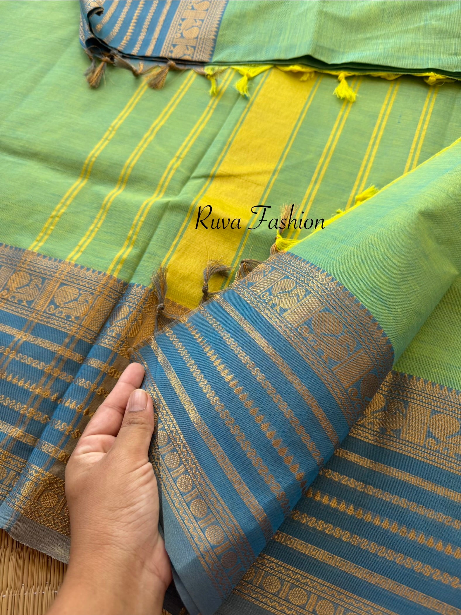 RF165 Pista Green shade with slate blue shade combination Kanchi cotton saree with silk saree inspired varisaipet border