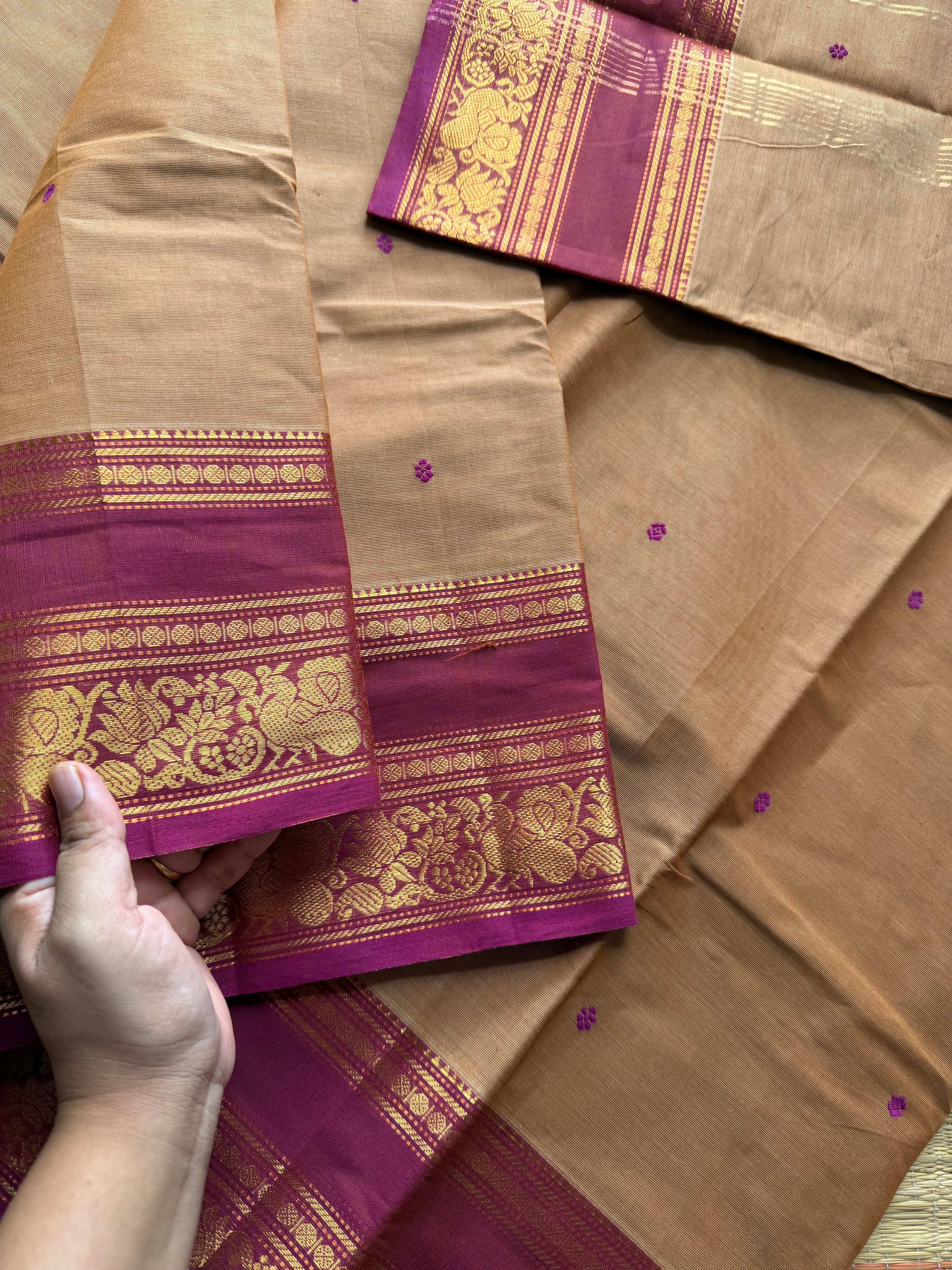 RF468 Sandal / beige with pink shade Kanchi cotton saree with silk saree inspired Annam and lotus border & handmade thread buttas