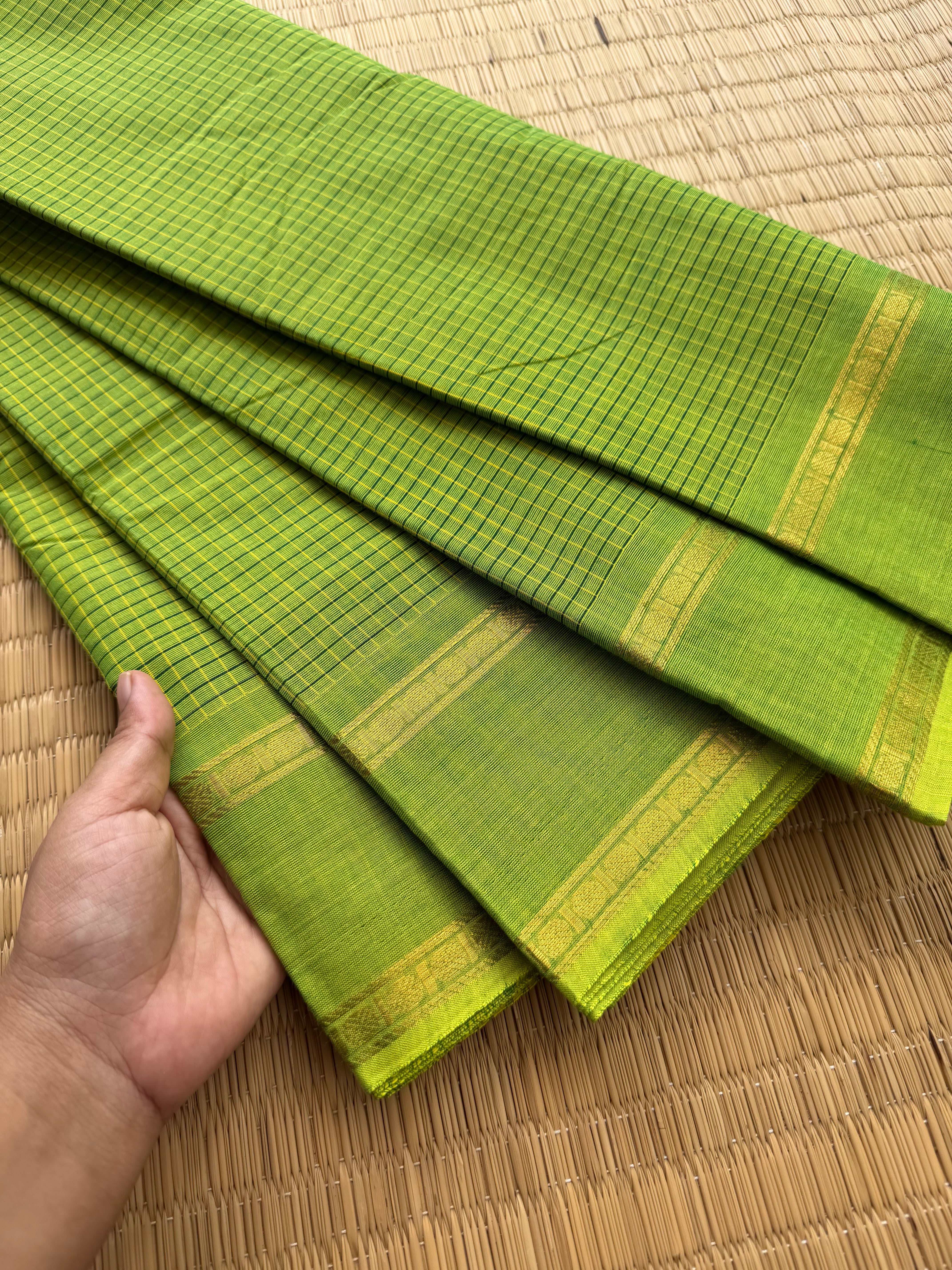 RF161 Monotone Parrot Green Shade podi Kattam / checks pattern Kanchi cotton saree