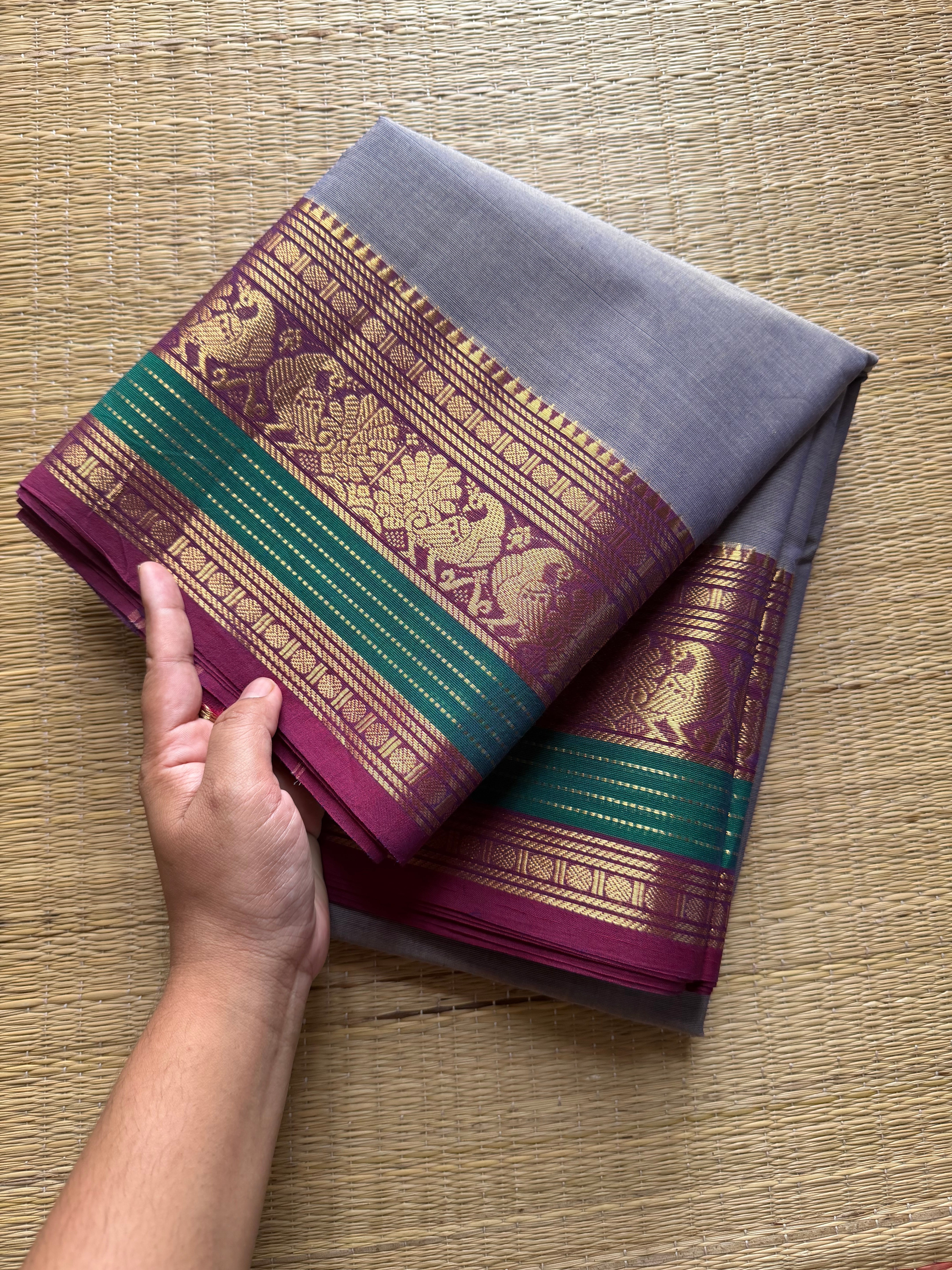RF340 Greyish Ice blue shade Kanchi cotton saree with silk saree inspired Zari border