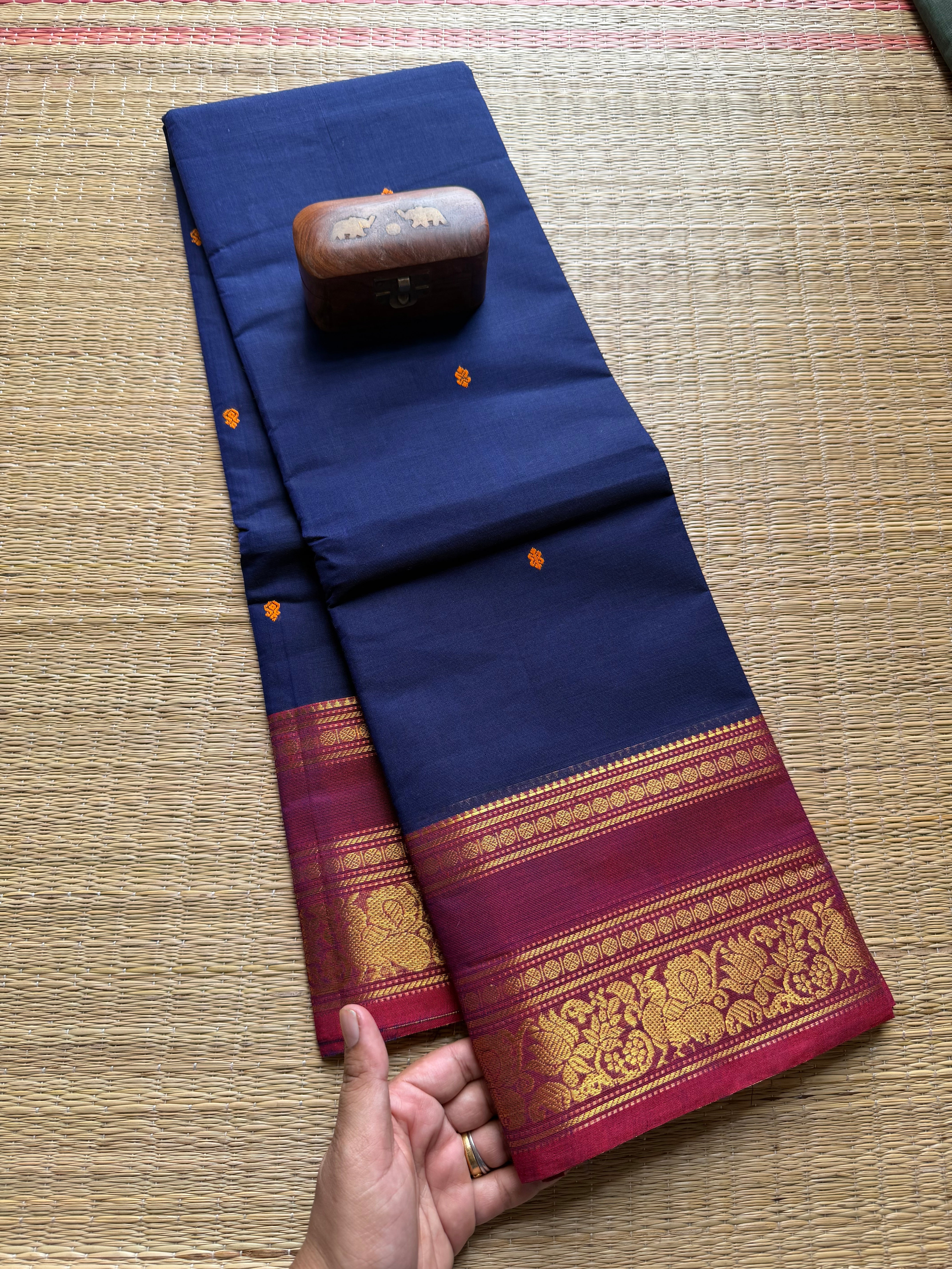 Royal Blue Shade Kanchi Cotton Saree With Handmade Thread Buttas