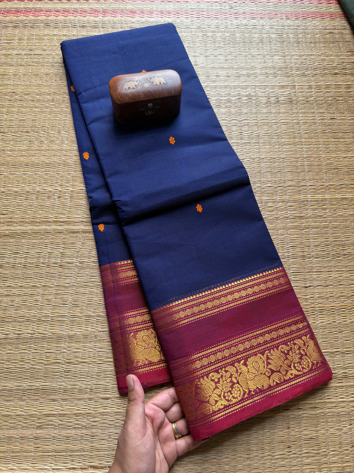 Royal Blue Shade Kanchi Cotton Saree With Handmade Thread Buttas
