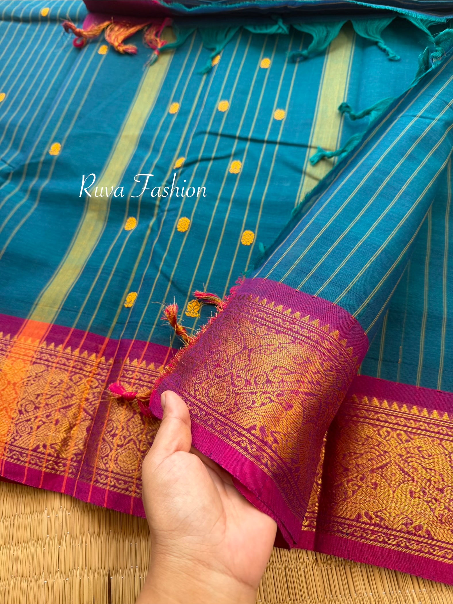 RF131 Dark Peacock Blue Shade With contrast magenta pink combination Vanasingaram border Kanchi cotton saree with striped pattern & handmade thread buttas