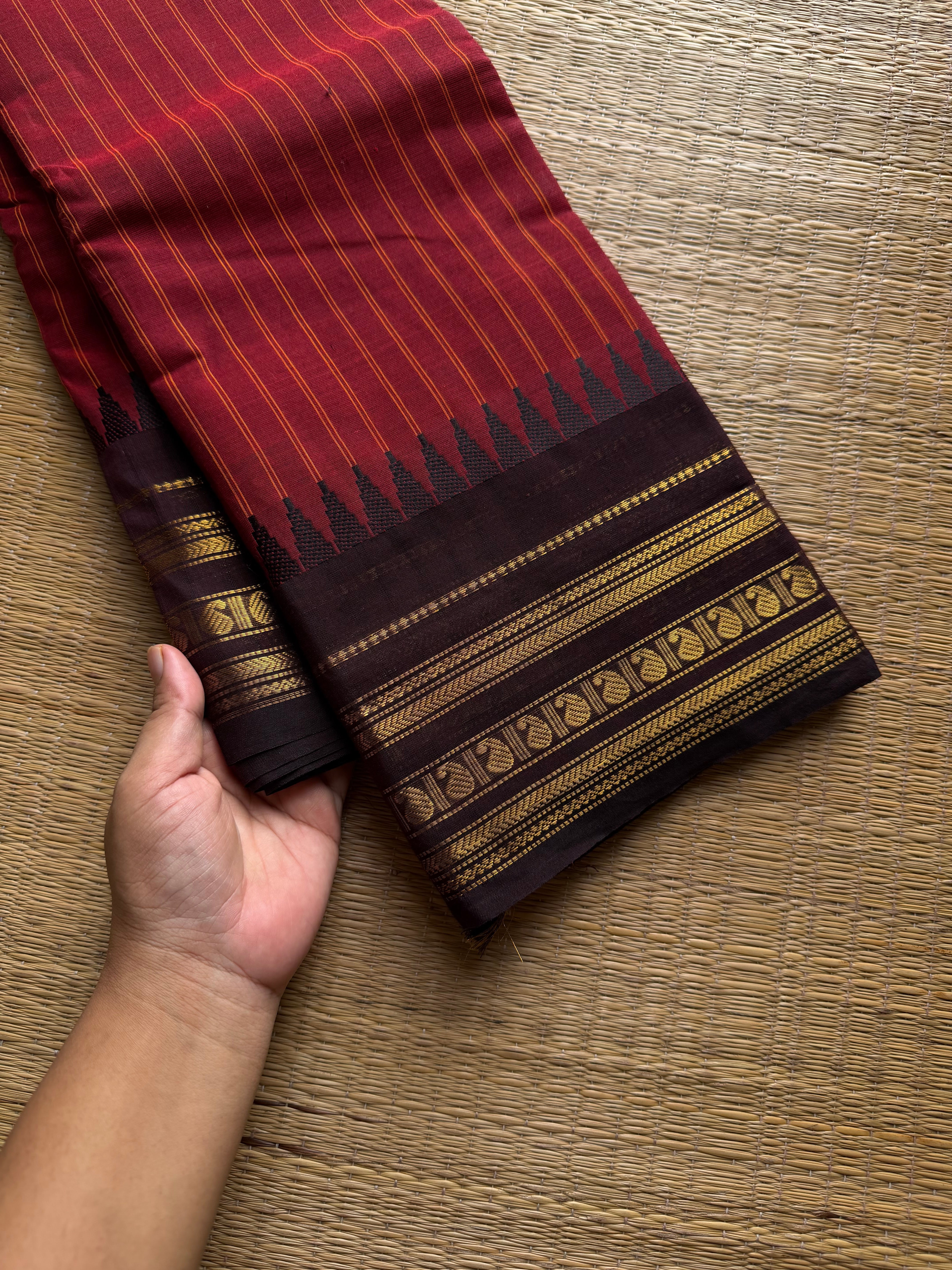 RF1040 Reddish maroon with brown combination Kanchi cotton saree with vertical stripes pattern
