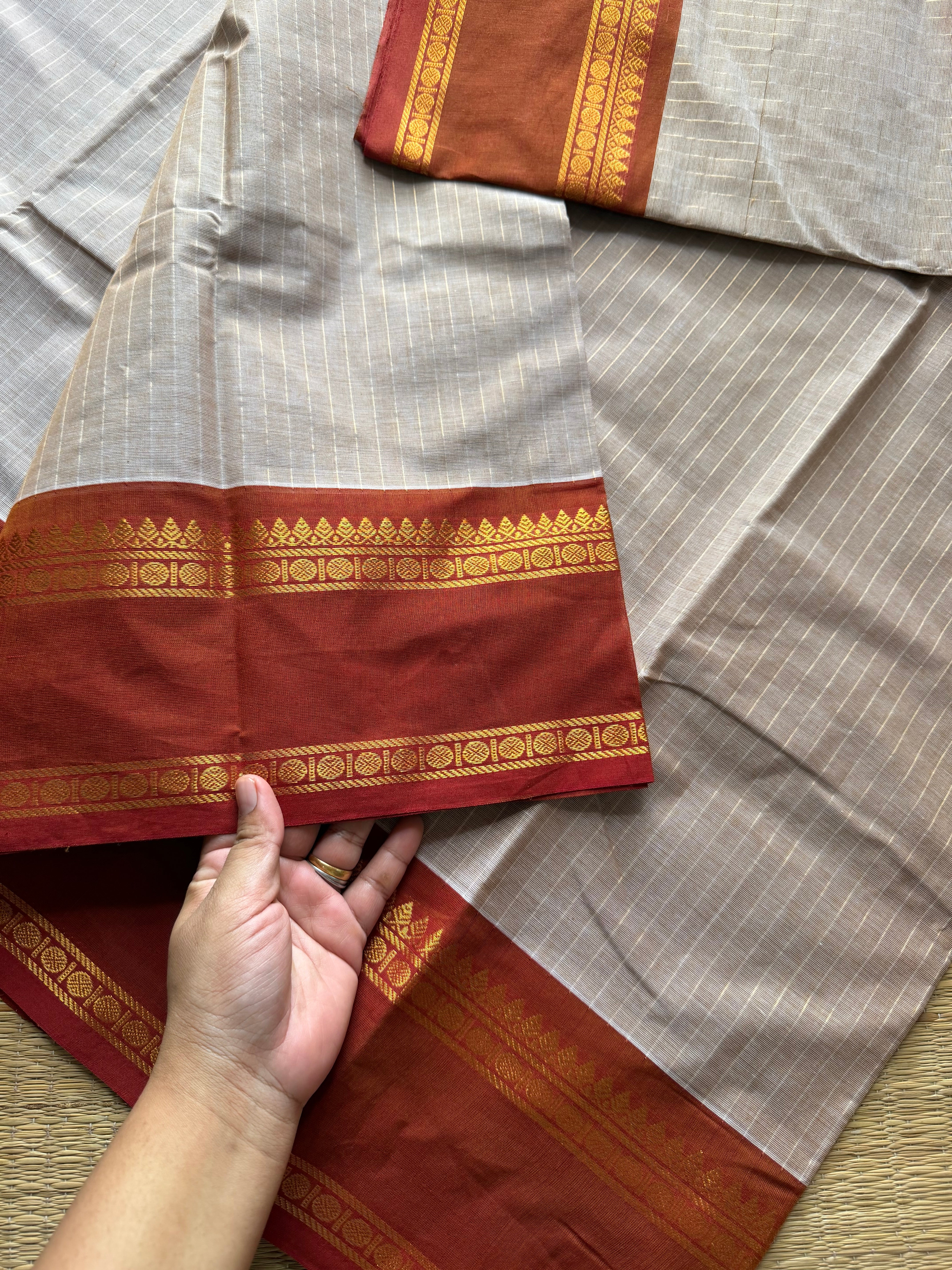 RF509 Beige with rust orange combination Kanchi cotton saree with vintage gap border and fully Vairaoosi pattern