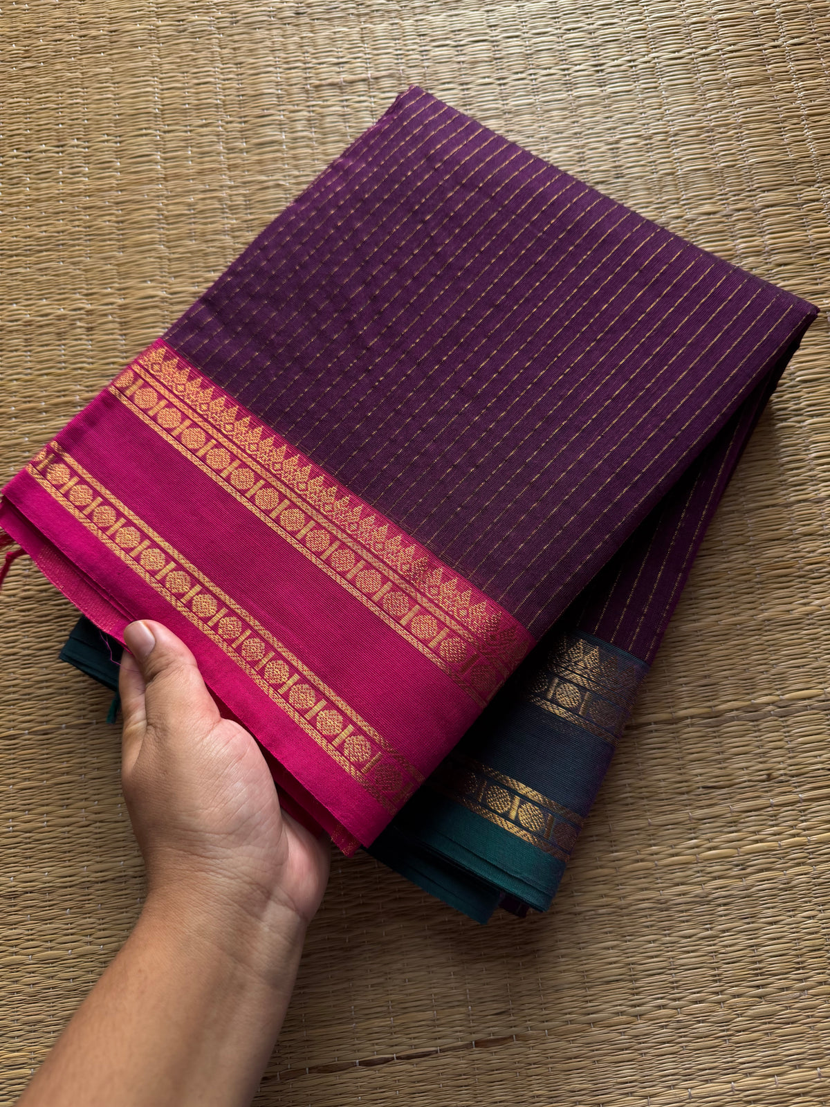 RF351 Deep Purple shade Vairaoosi with Ganga Jamuna border Kanchi cotton saree