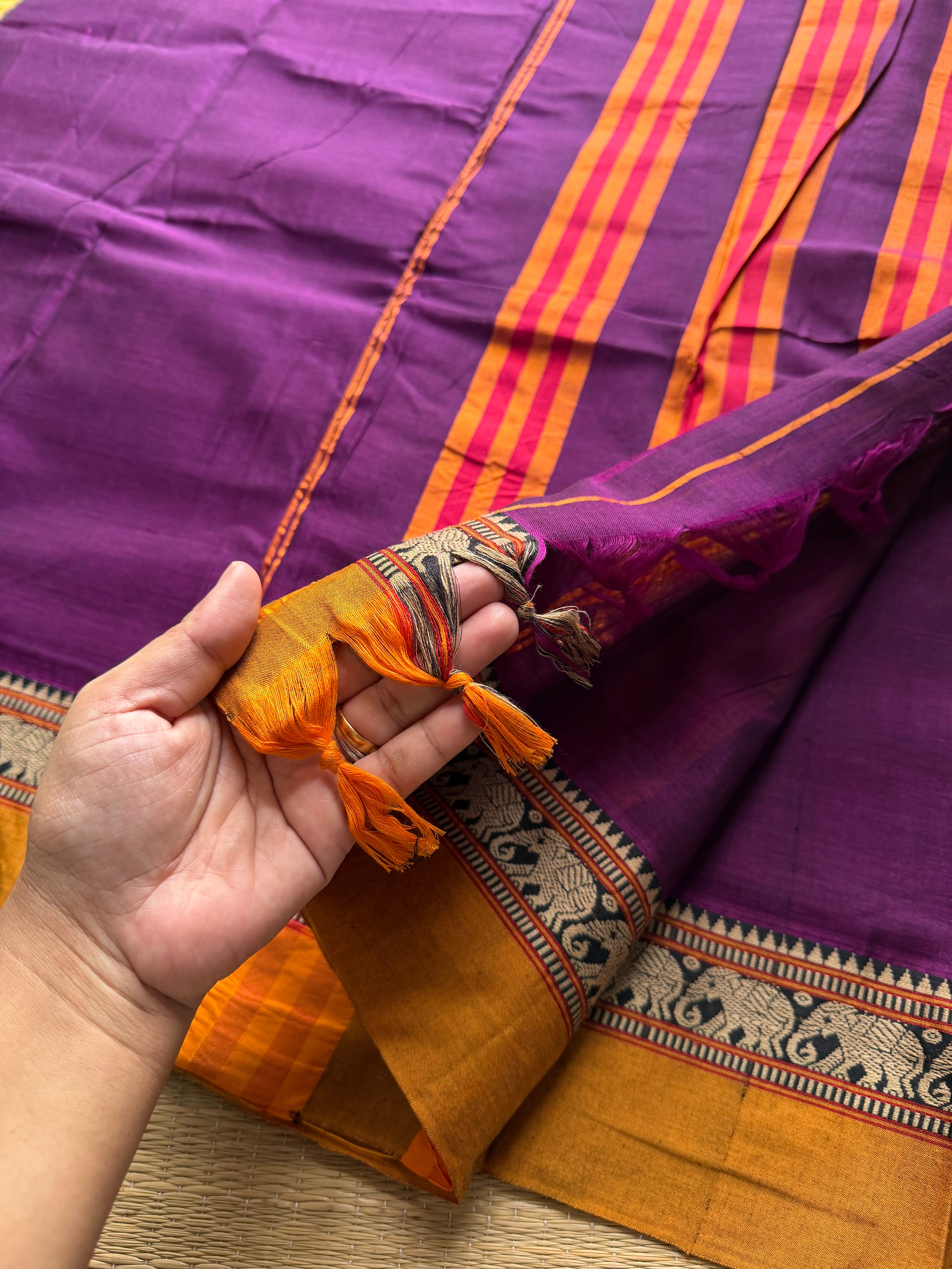 RF482 Purple with mustard combination elephant pattern mercerised Narayanpet cotton saree