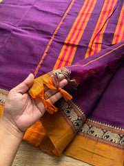RF482 Purple with mustard combination elephant pattern mercerised Narayanpet cotton saree