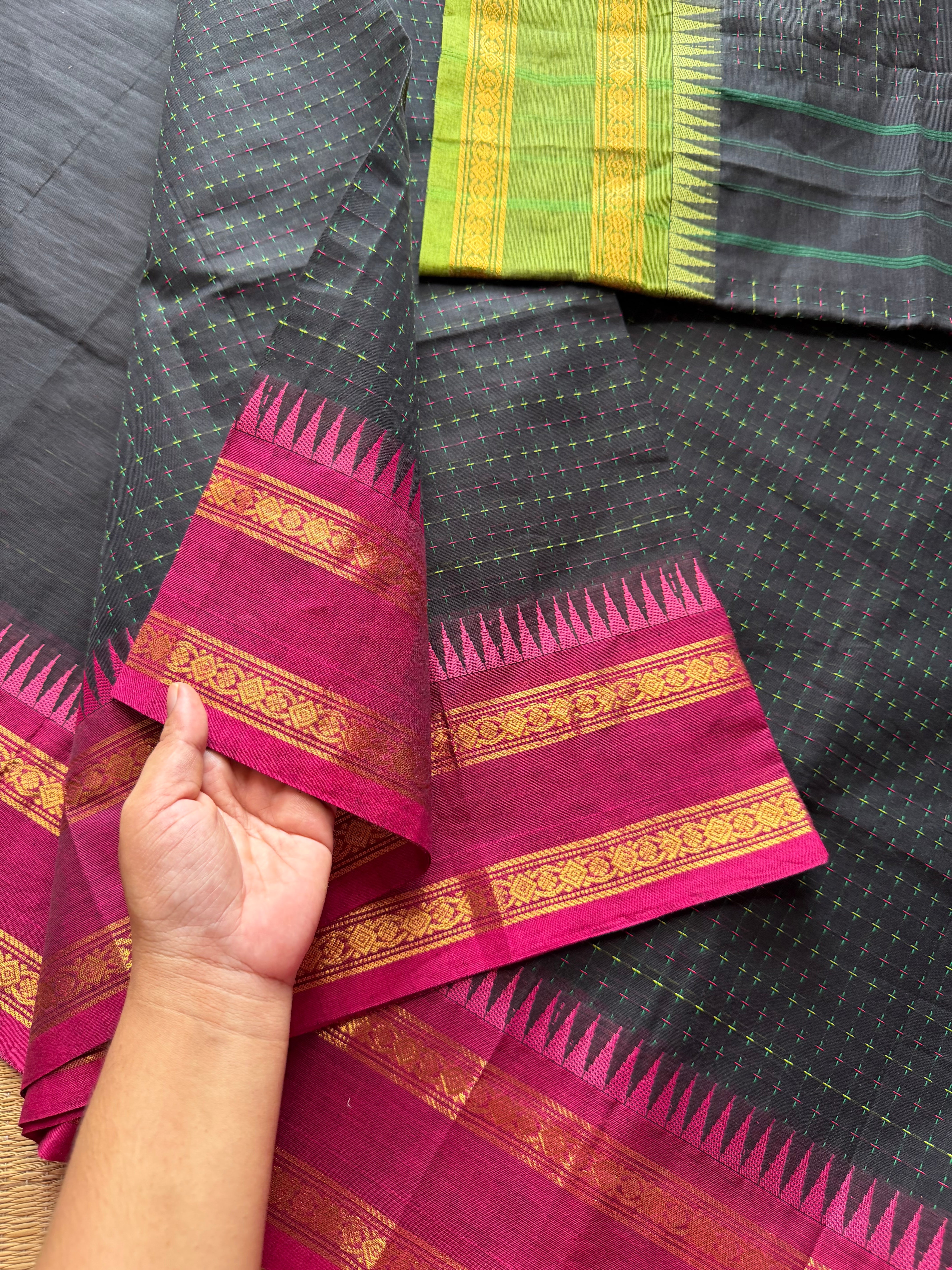 RF347 Black with contrast magenta pink and green combination Ganga Jamuna border
