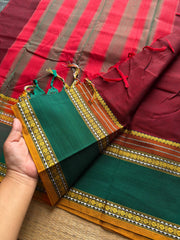RF487 Maroon with green combination vintage style gap border mercerised Narayanpet  cotton saree