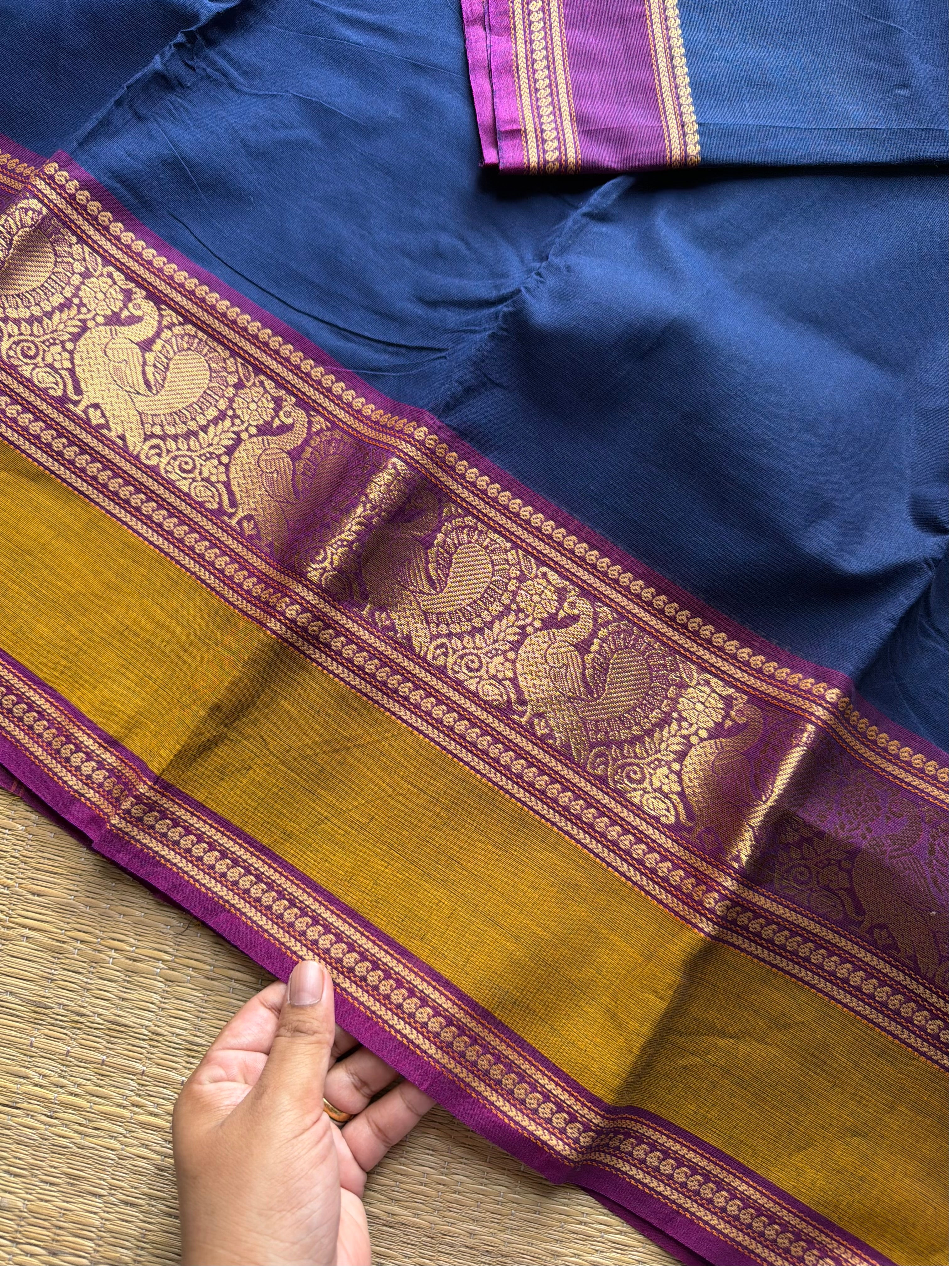 RF1003 Blue ~ Kanchi cotton saree with Annam pattern gap border