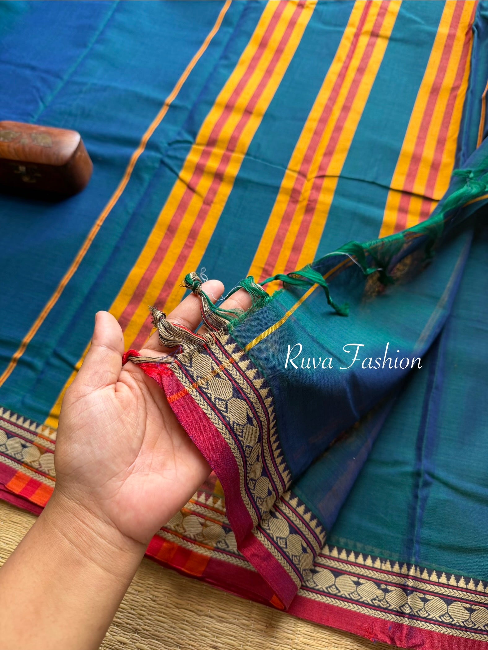 RF60 Peacock Blue Shade Mercerised Narayanpet Cotton Saree With Small Border