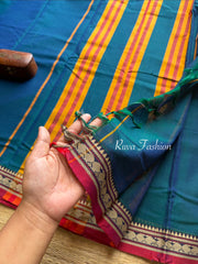 RF60 Peacock Blue Shade Mercerised Narayanpet Cotton Saree With Small Border