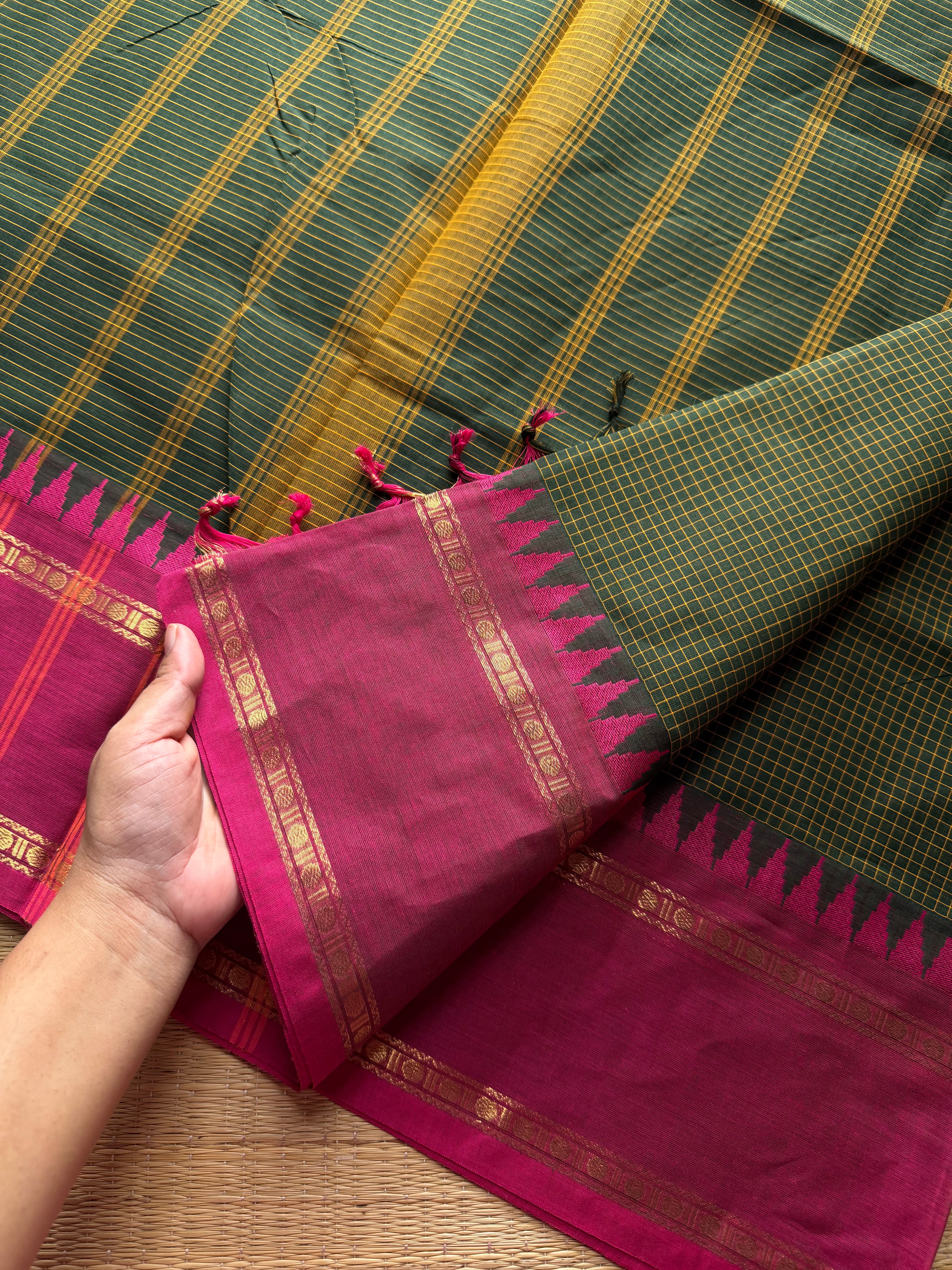 Bottle green with pink combination vintage border Podikattam Kanchi cotton saree