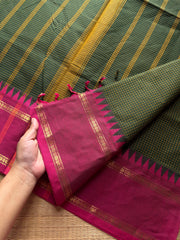 Bottle green with pink combination vintage border Podikattam Kanchi cotton saree