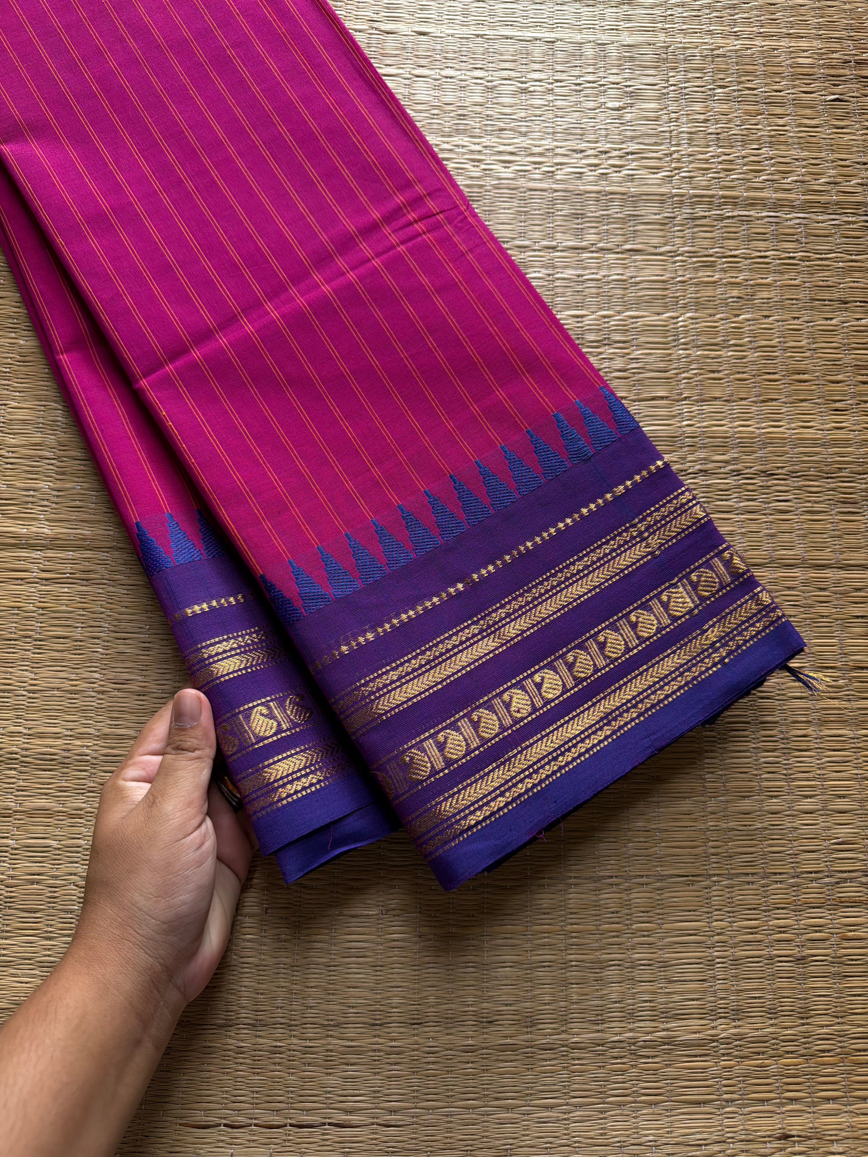 RF759 Rani pink shade Kanchi cotton saree with vertical stripped pattern & mango Zari border