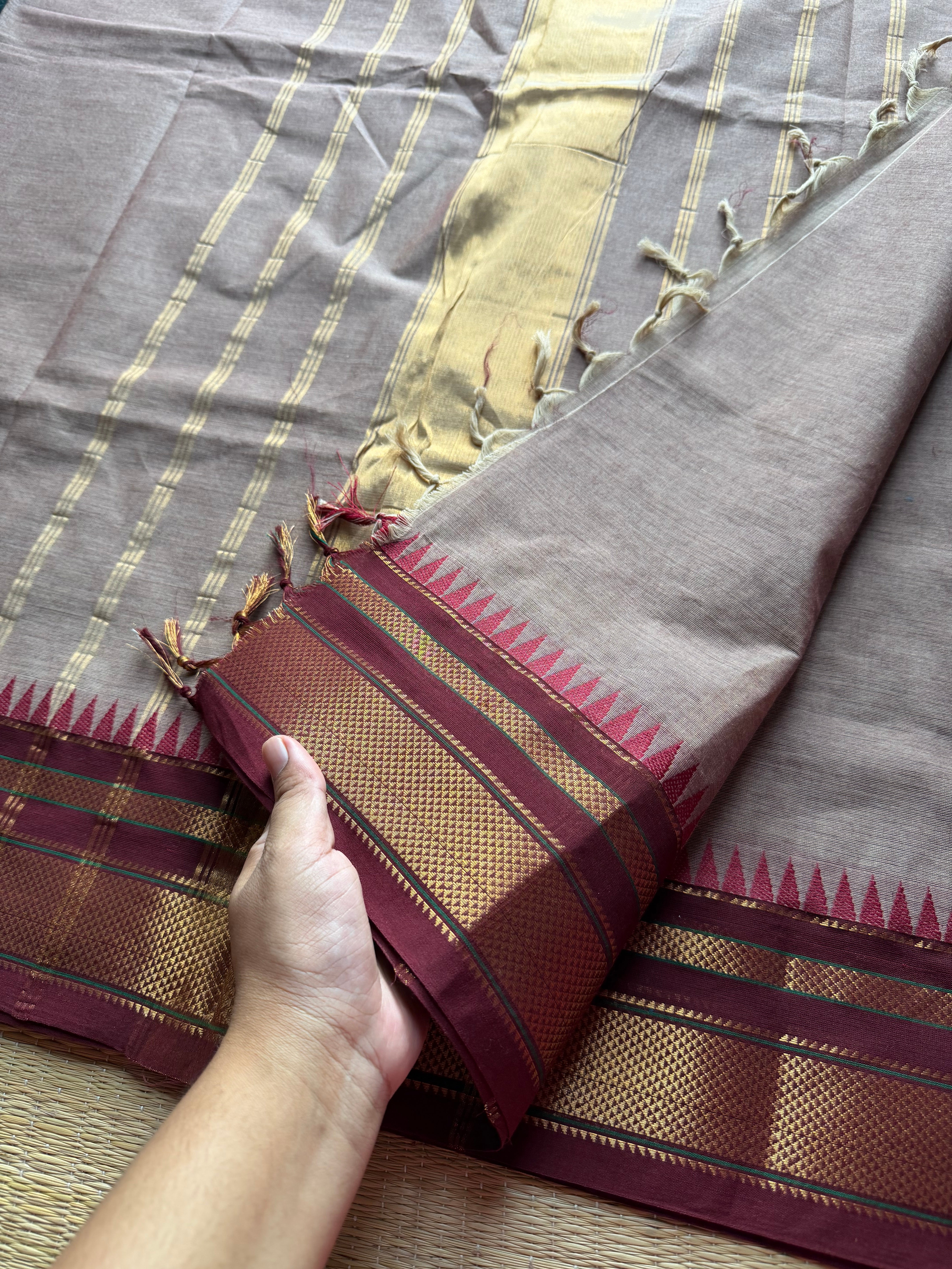 RF187 Biscuit shade with contrast maroon medium size border Kanchi cotton saree