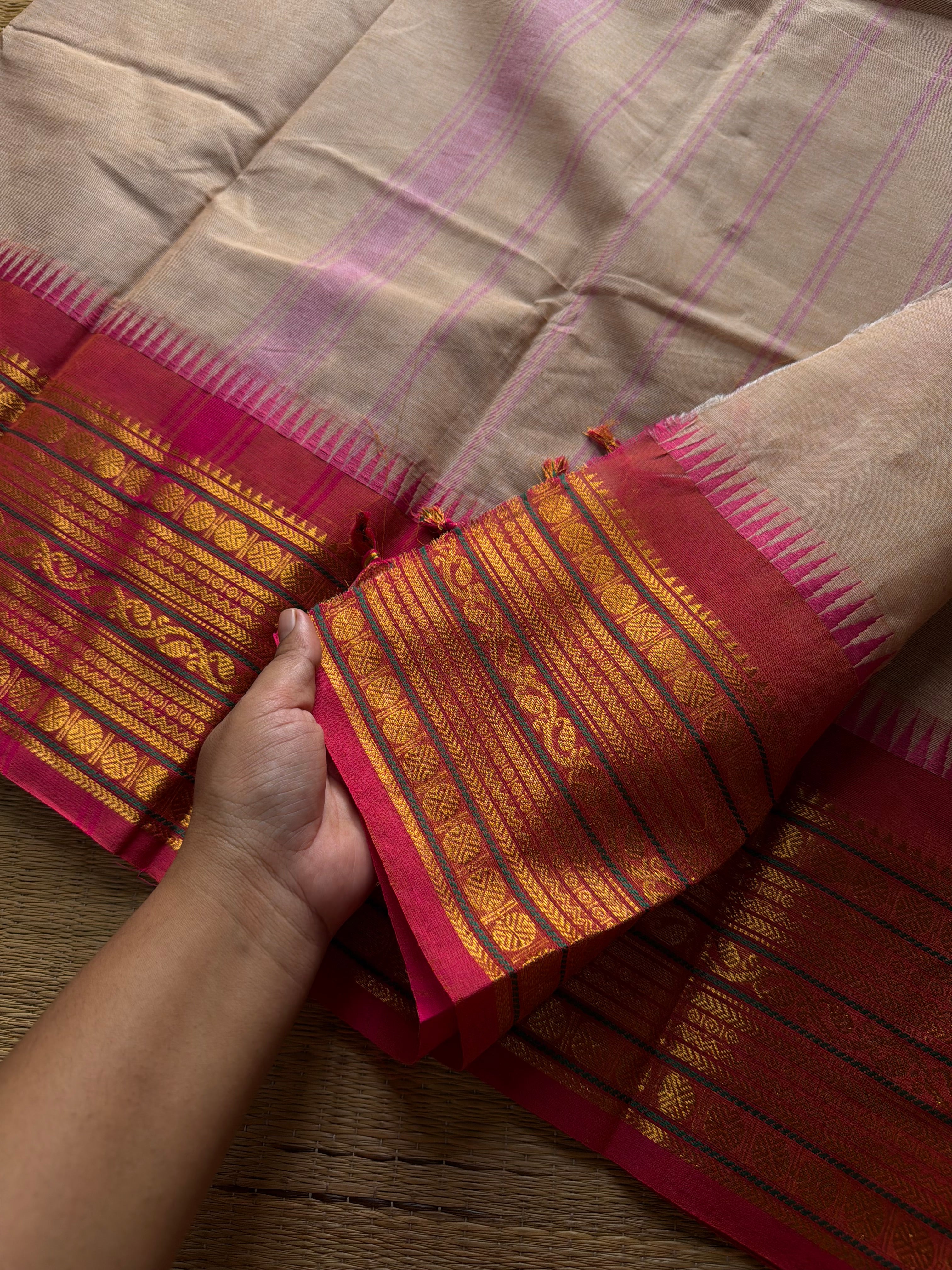 RF1362 Beige with pink ~ Kanchi Cotton Saree