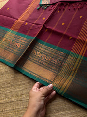 RF893 Copper Zari Kanchi cotton saree with handmade thread buttas ~ Maroon
