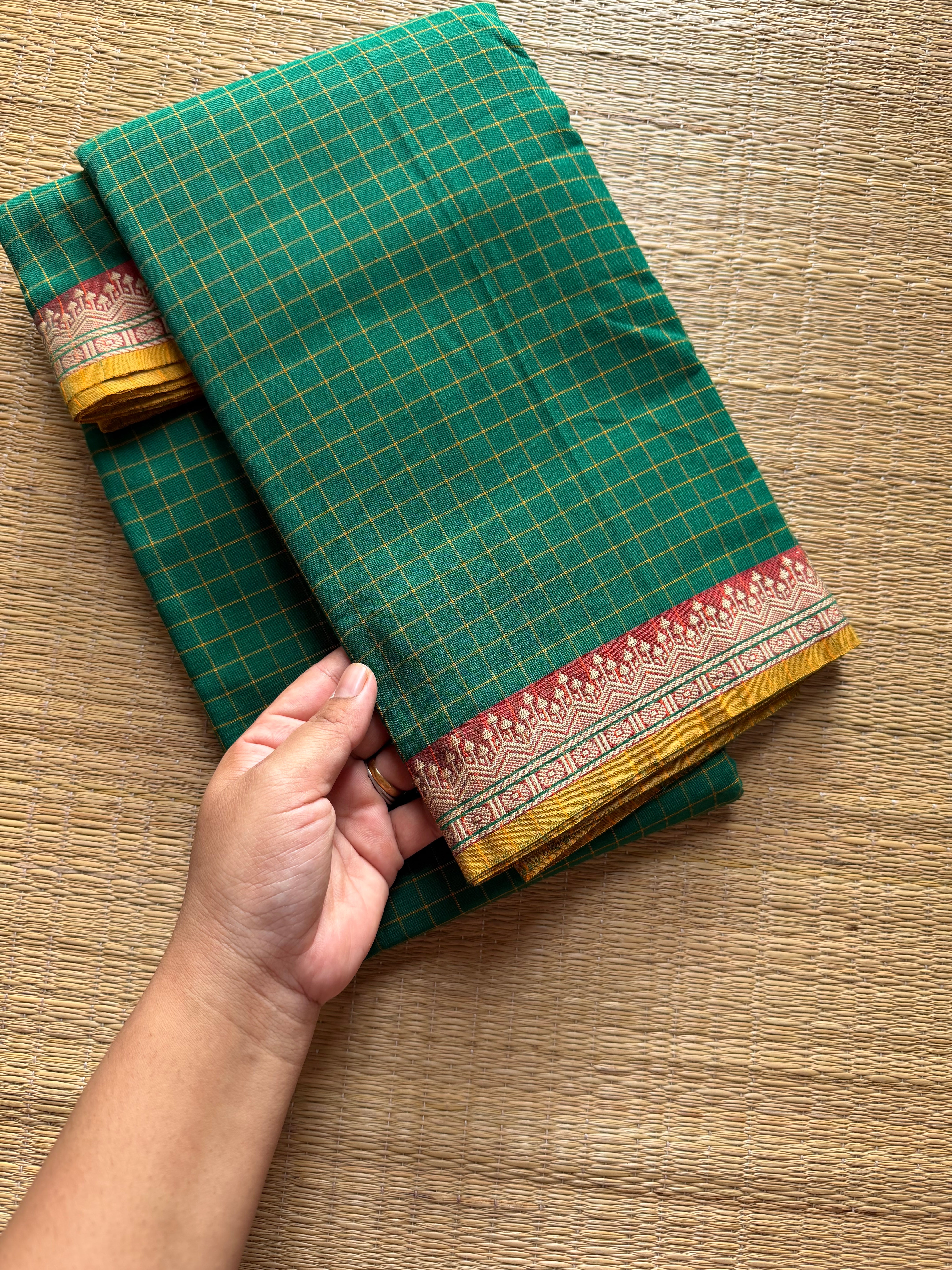 RF522 Green shade Mercerised Narayanpet cotton saree with contrast small border and checks / kattam pattern