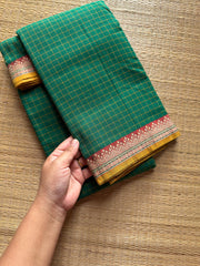 RF522 Green shade Mercerised Narayanpet cotton saree with contrast small border and checks / kattam pattern