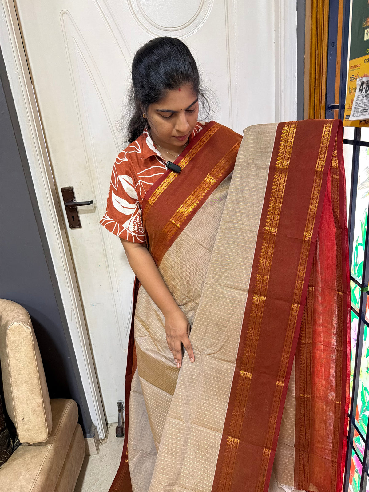 RF534 Silk saree inspired premium Kanchi  cotton saree with Beige with rust orange combination & fully Vaira Oosi pattern