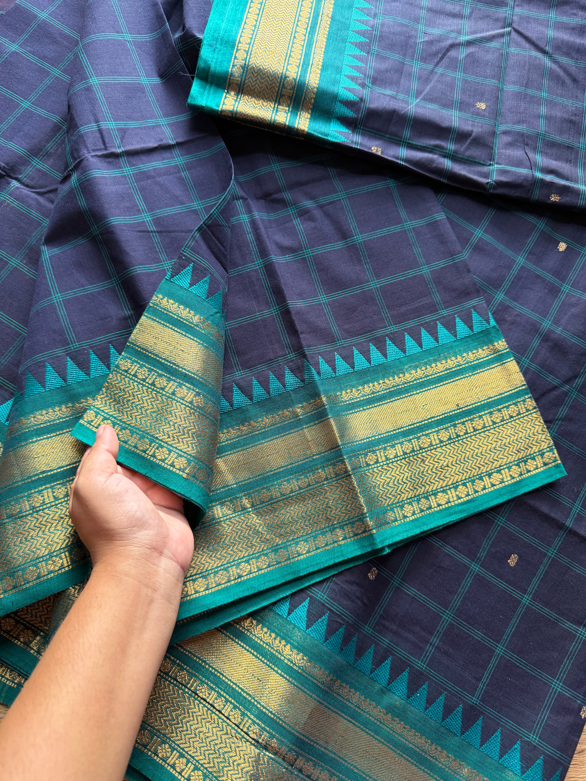 RF215 Deep navy Blue with contrast teal blue combination checks / Kattam Kanchi cotton saree with handmade golden Zari Buttas