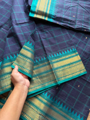 RF215 Deep navy Blue with contrast teal blue combination checks / Kattam Kanchi cotton saree with handmade golden Zari Buttas