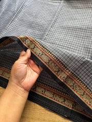 Grey Mercerised Narayanpet cotton saree with small border & Kattam / checks pattern saree