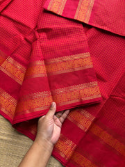 RF1018 Kattam Edition ~ Chilli red Premium Kanchi Cotton Saree with Minimal Zari & checks pattern