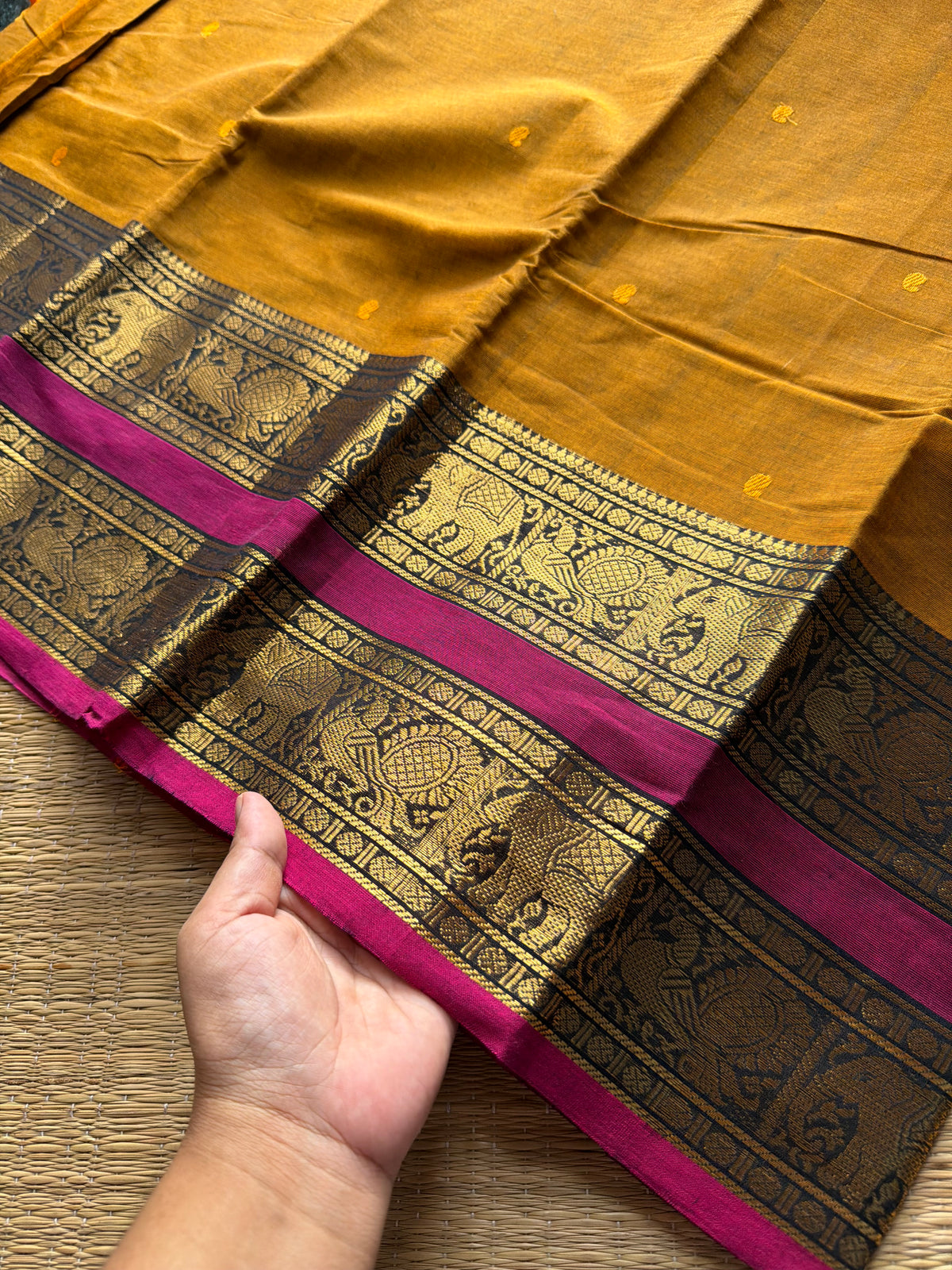 RF305 Mustard with contrast pink combination Rettapet border Kanchi cotton saree with handmade thread buttas
