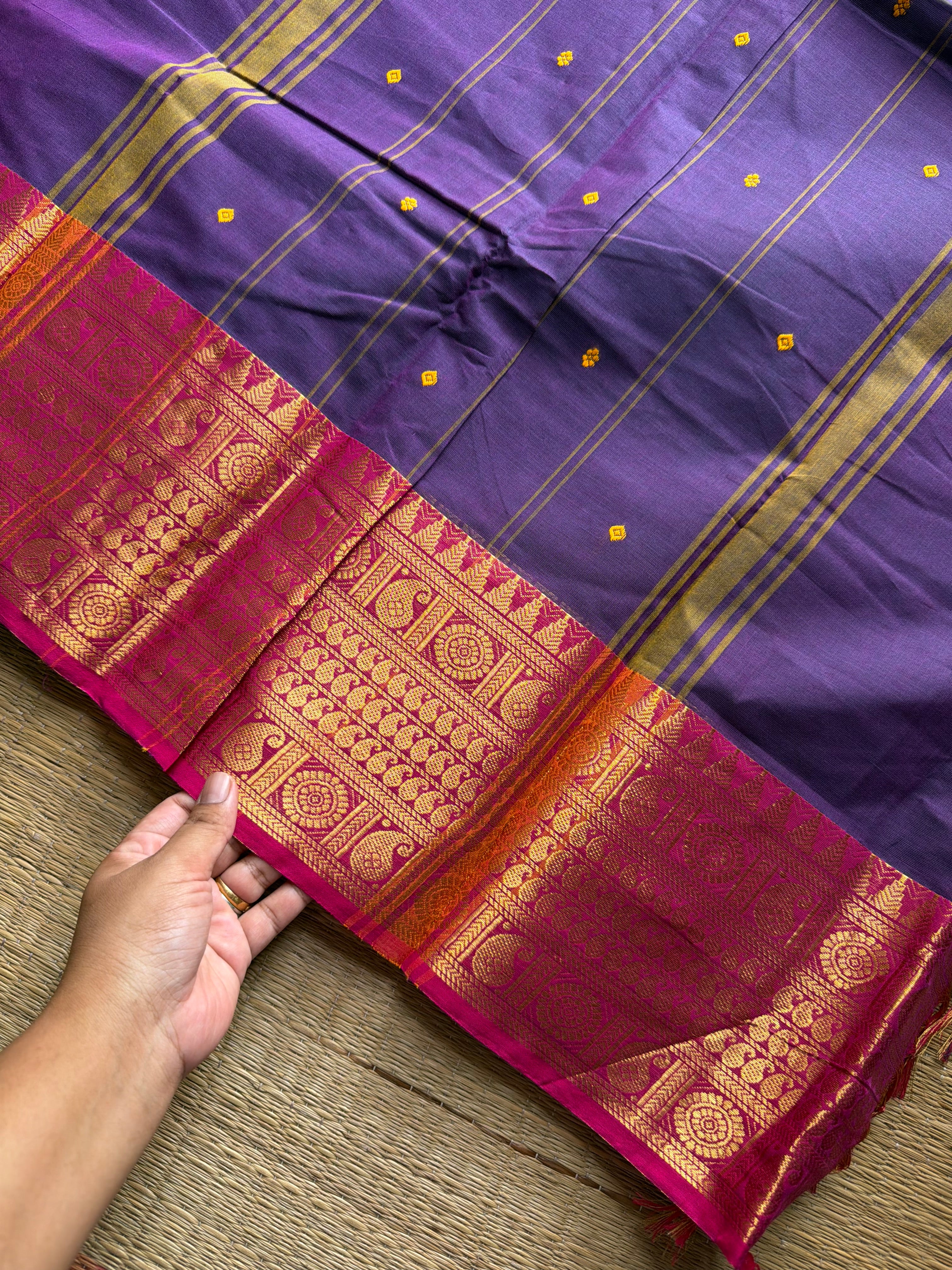 RF1008 Purple shade ~ Kanchi cotton saree  with handmade thread buttas