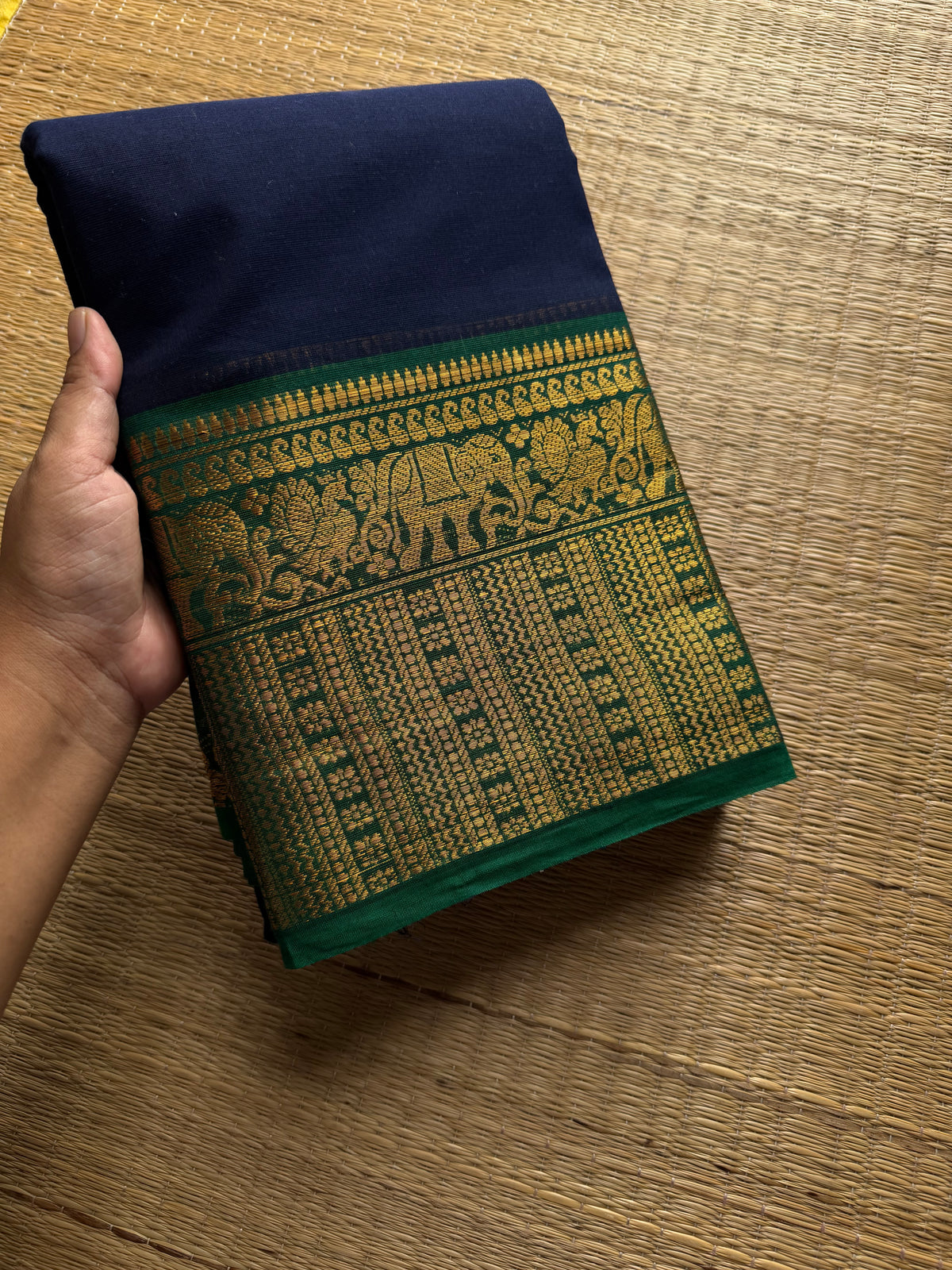 RF760 Navy blue with green combination Kanchi cotton saree with elephant & Annam pattern