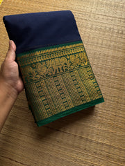 RF760 Navy blue with green combination Kanchi cotton saree with elephant & Annam pattern