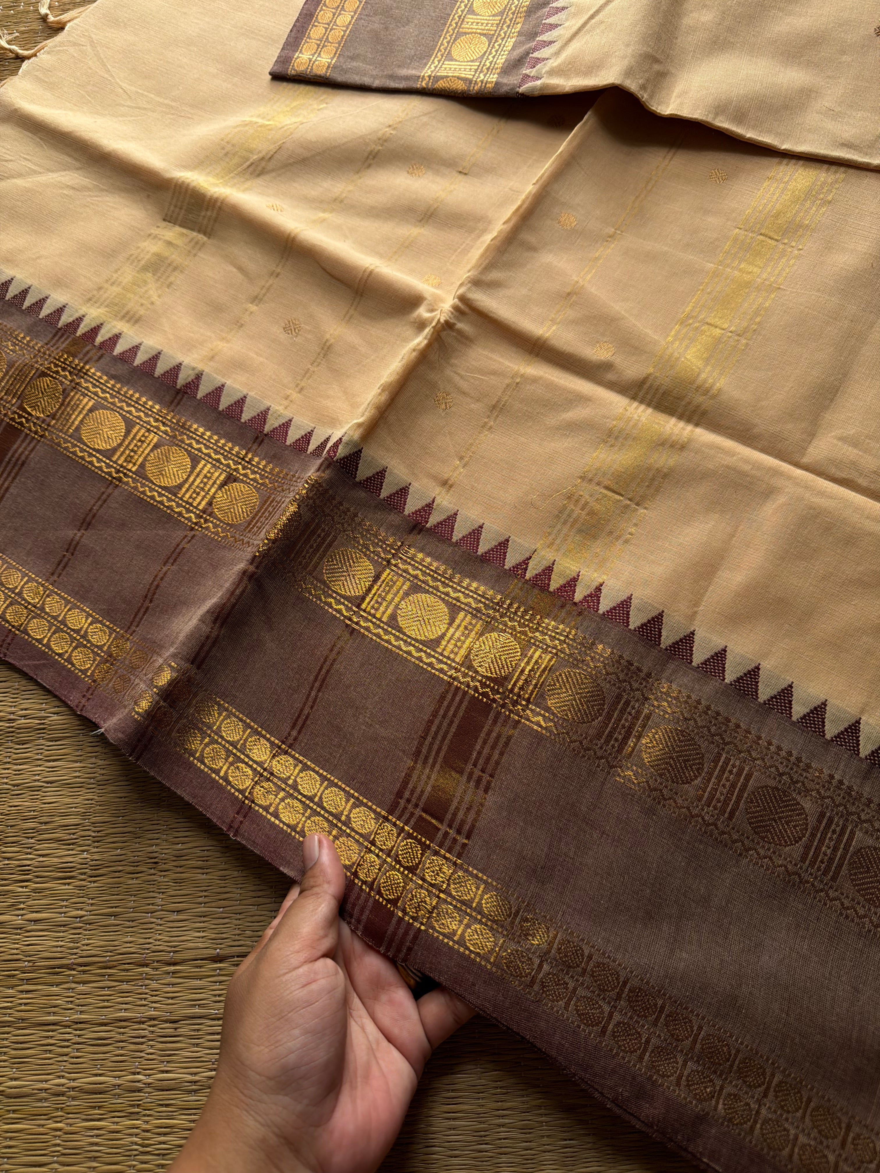 RF910 Cream ~ Kanchi cotton saree with handmade thread buttas