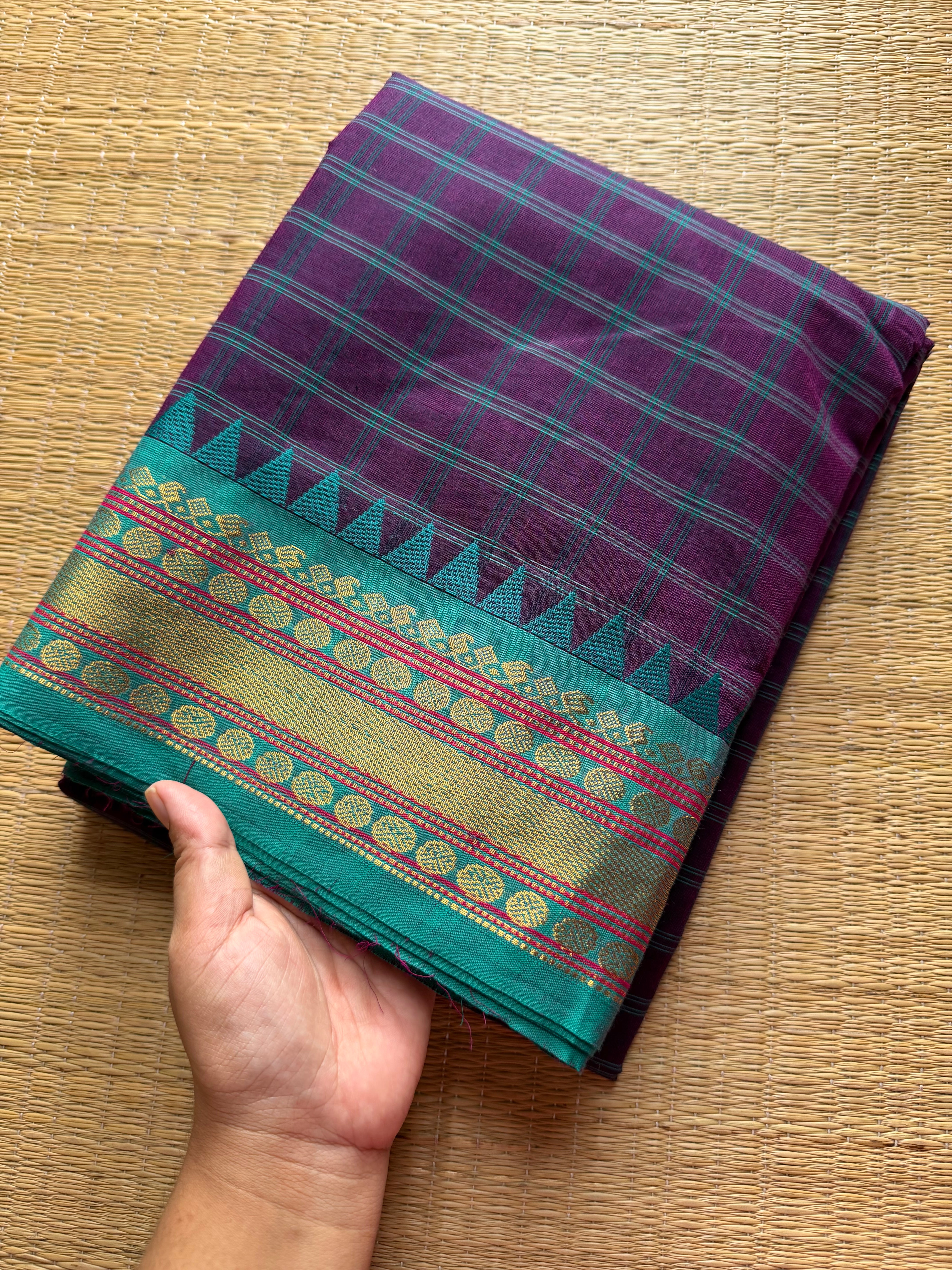 RF368 Purple with sky blue combination Kattam / checks pattern Kanchi cotton saree