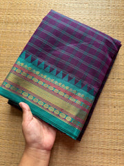 RF368 Purple with sky blue combination Kattam / checks pattern Kanchi cotton saree