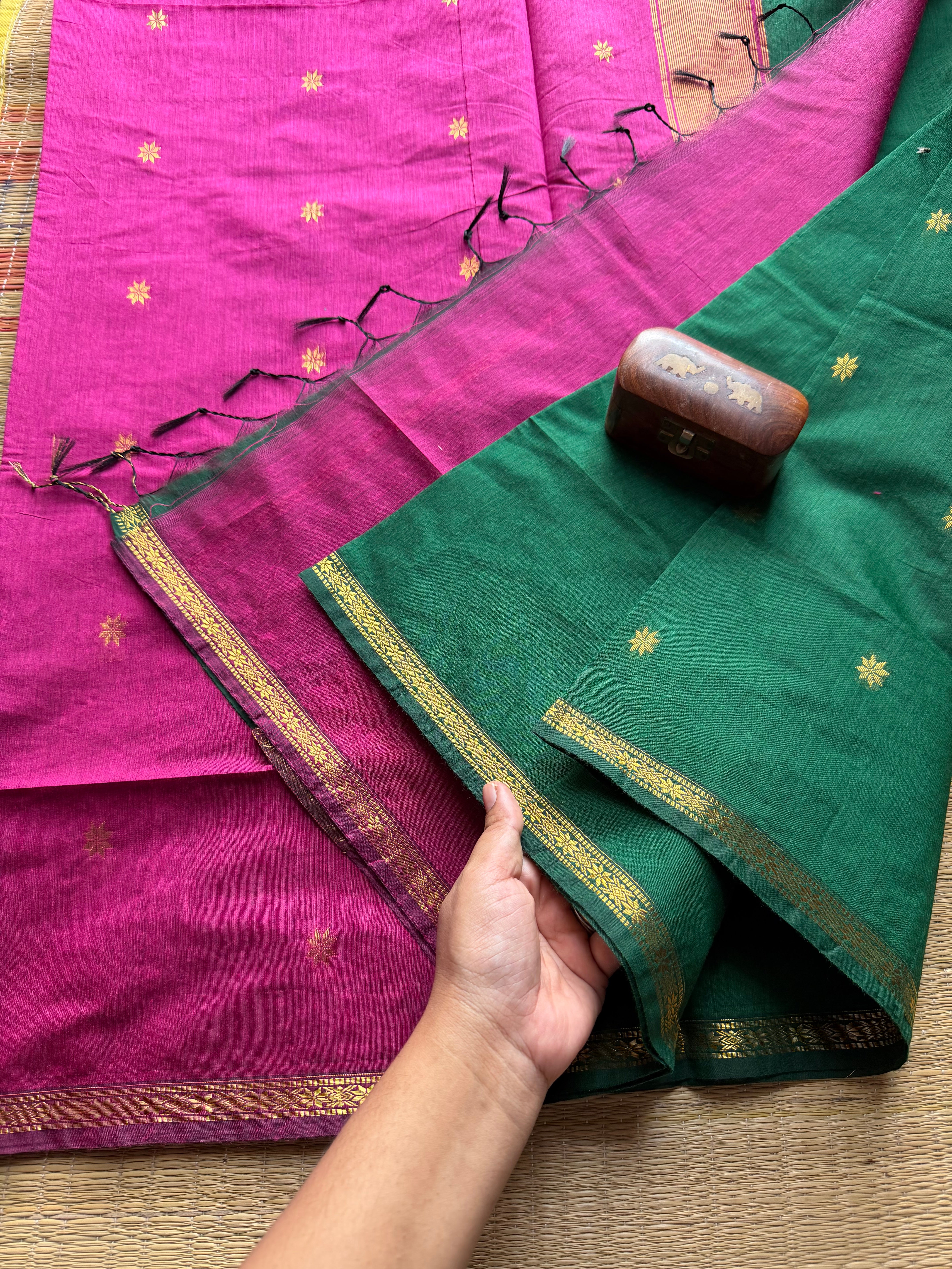 RF181 Bottle green Shade with contrast pink Pallu and blouse Maheswari semi silk cotton saree