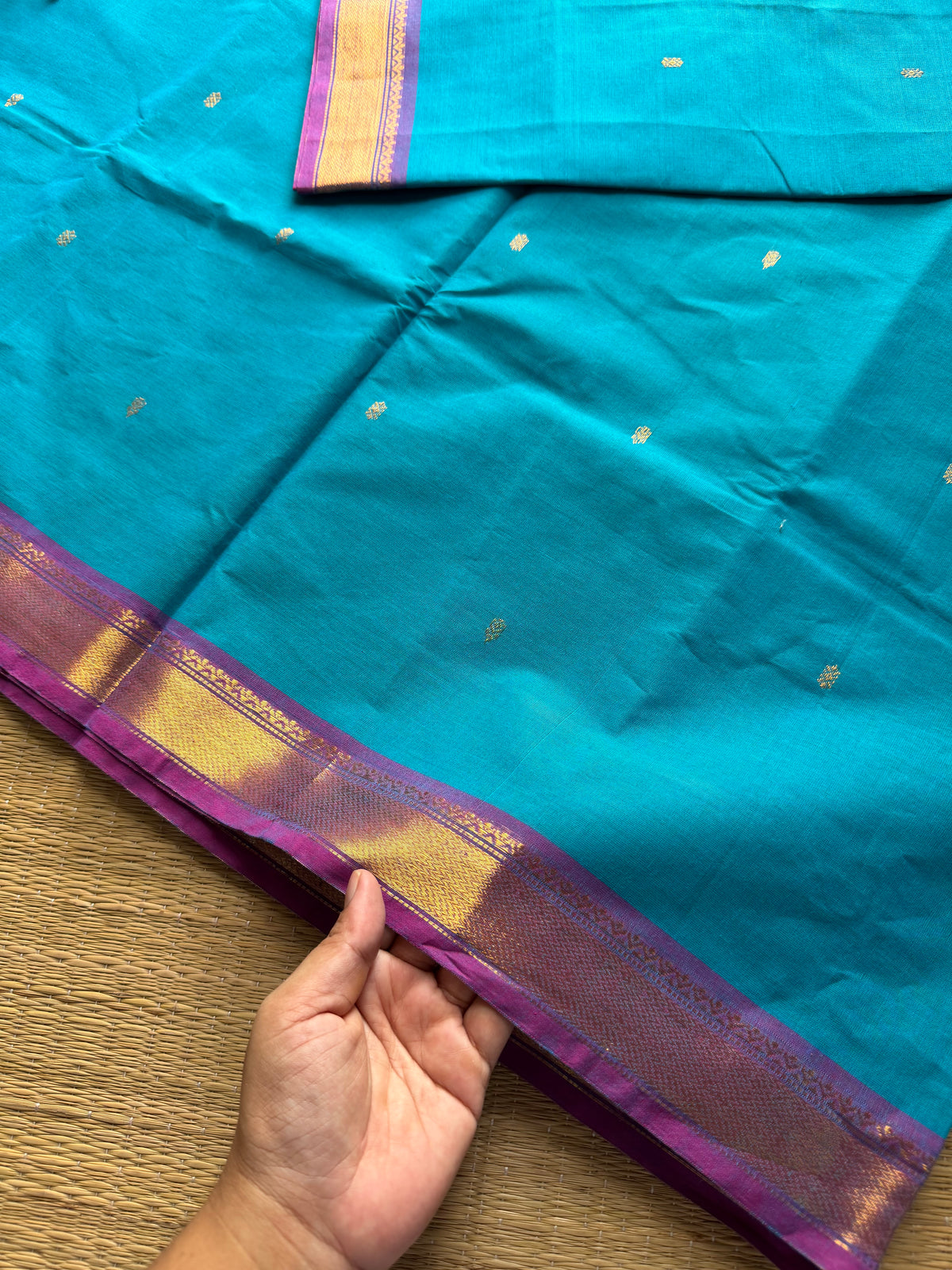 RF331 Sky blue shade with purple combination small border Kanchi cotton saree with handmade golden Zari Buttas