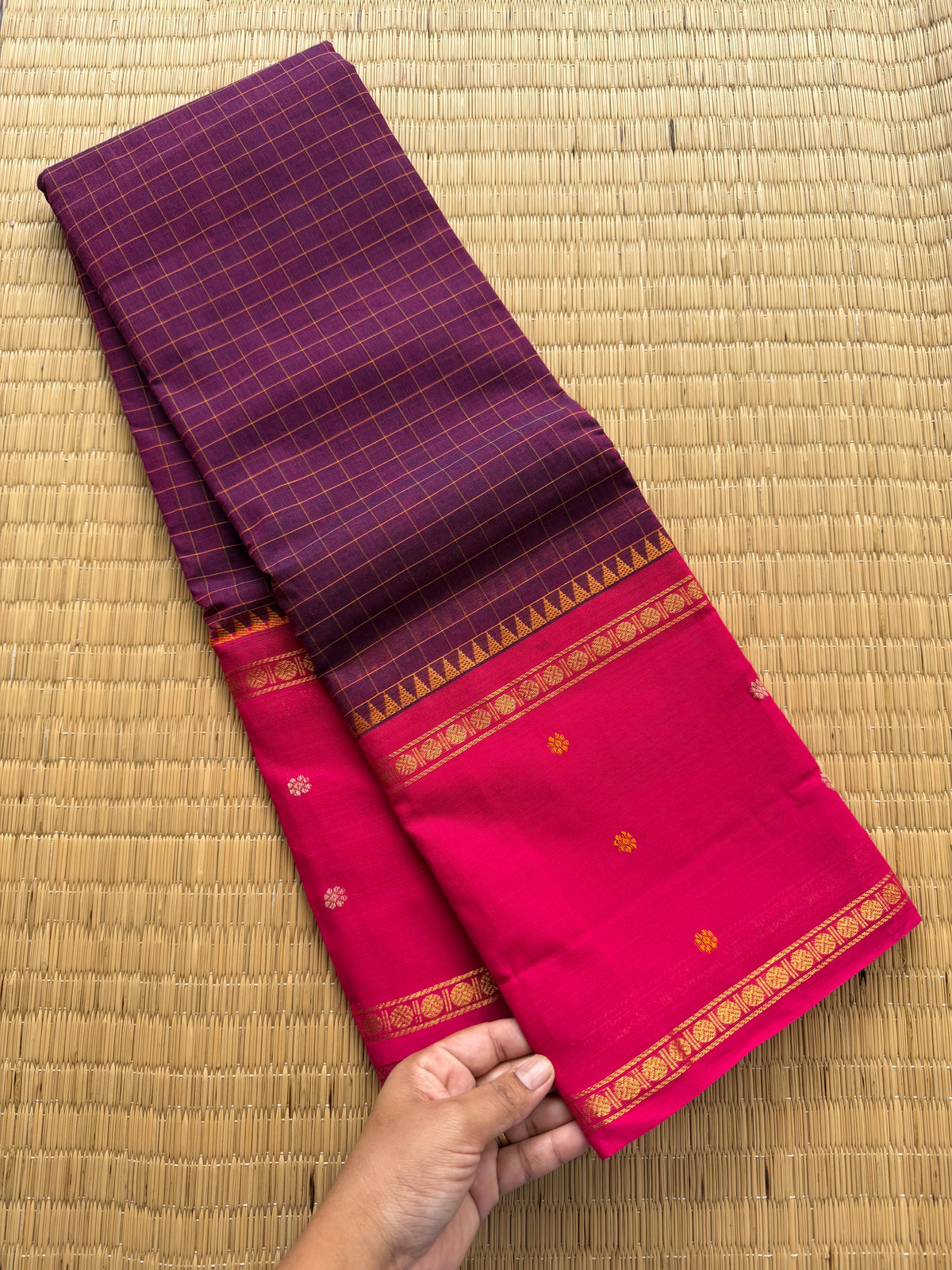 RF158 Jamun shade with pink combination Vintage Style Border with checks pattern & handwoven Buttas on the border