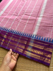 Pastel pink with contrast purple combination Kanchi cotton saree with vertical stripped pattern & mango Zari border
