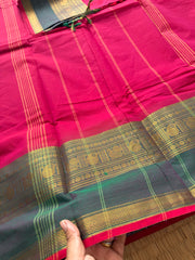 RF160 Red & magenta pink dual mixed shade Kanchi cotton saree with contrast golden Zari border