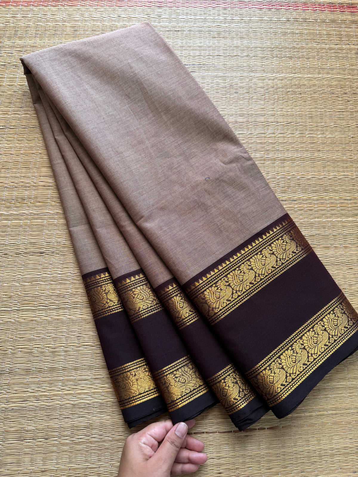 RF245 Biscuit shade with brown combination silk saree inspired Kanchi cotton Rettapet border saree with Annam pattern