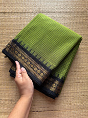 RF251 Green with black combination Podi Kattam / small checks vintage border Kanchi cotton saree
