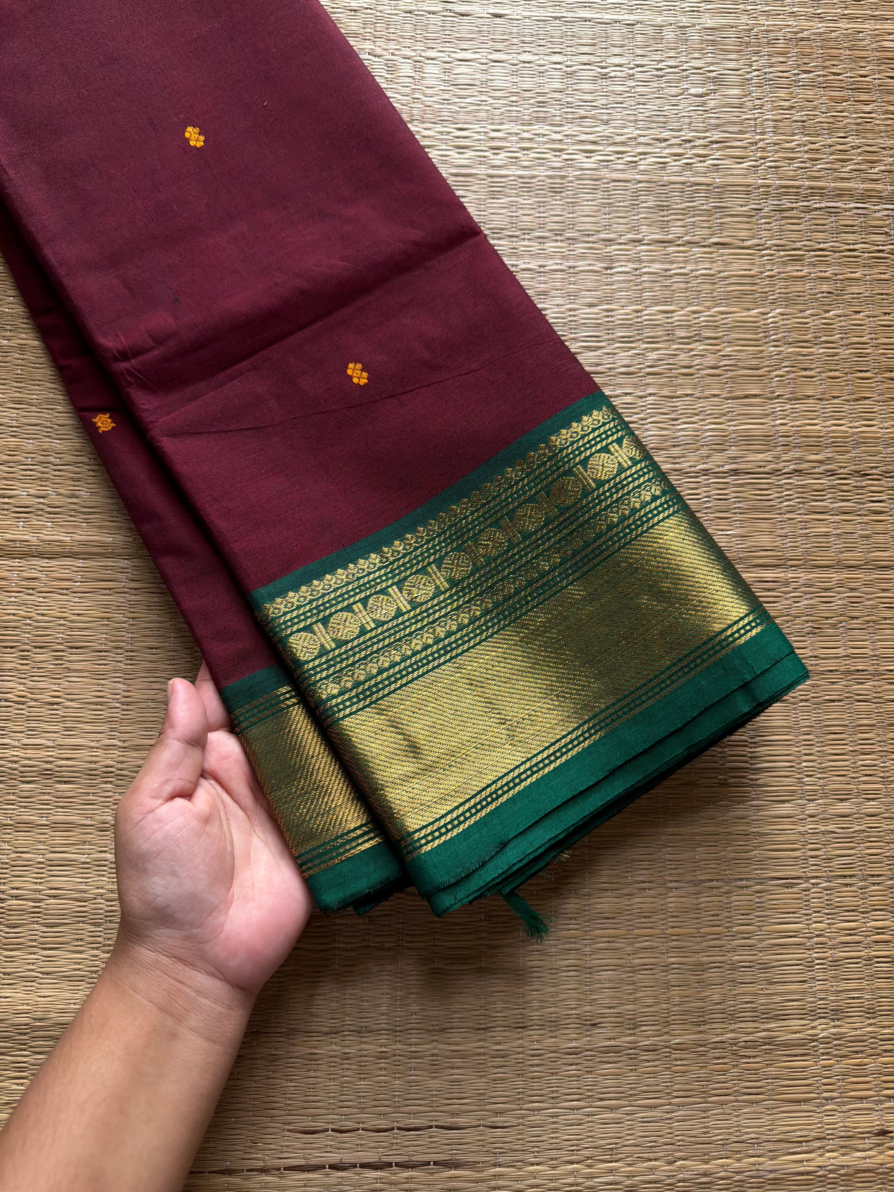 RF756 Maroon shade kanchi cotton saree with handmade thread buttas